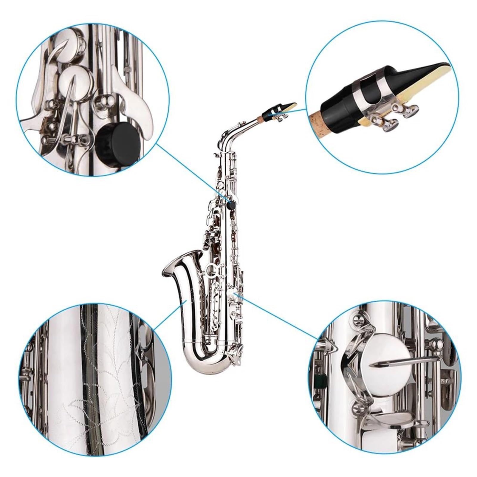 Saksofon Saksofon Saksofonowy Eb Alto E Płaski Mosiężny Rzeźbiony Wzór Na Powierzchni Plastikowy Ustnik Wykwintny Z Torbą (Color : Silver)