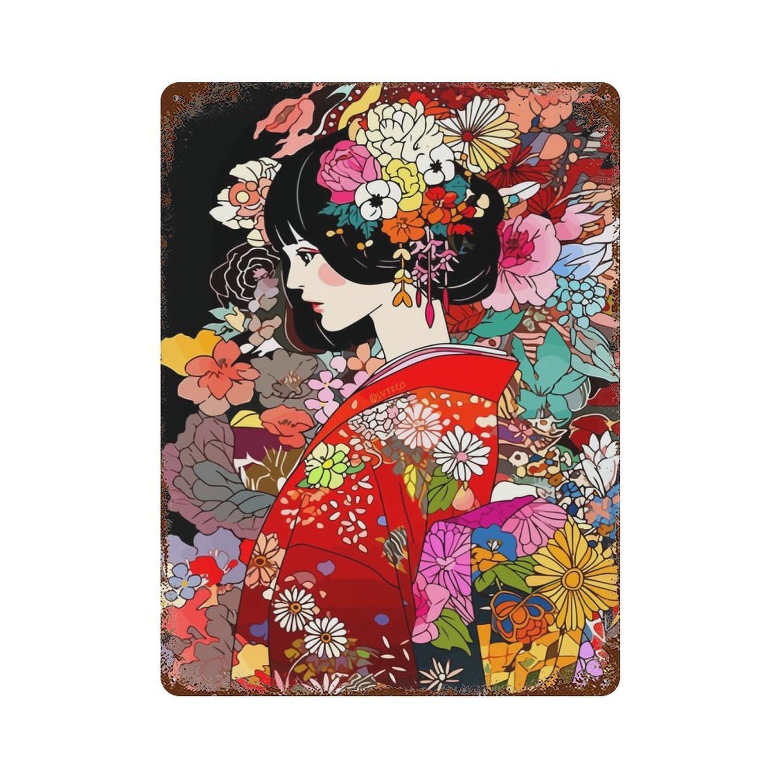 Ancient Japan Kimono Girl Rusty Metal Tin Sign 15.7"x11.8", for Basement, Hobby Room And Garage Decor, Retro Wall Decor