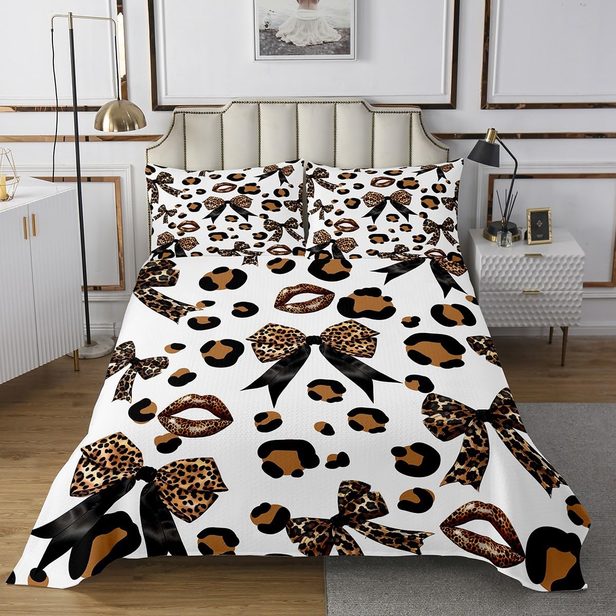 Castle Fairy Leopard Bowknot Bedspread Twin Size 3D Lips Geometry Coverlet Set Kids Room Present Fashion Girlish Bow-tie Bedroom Decor Bedding Set Cheetah Skin Print Bedding with 1 Pillowcase