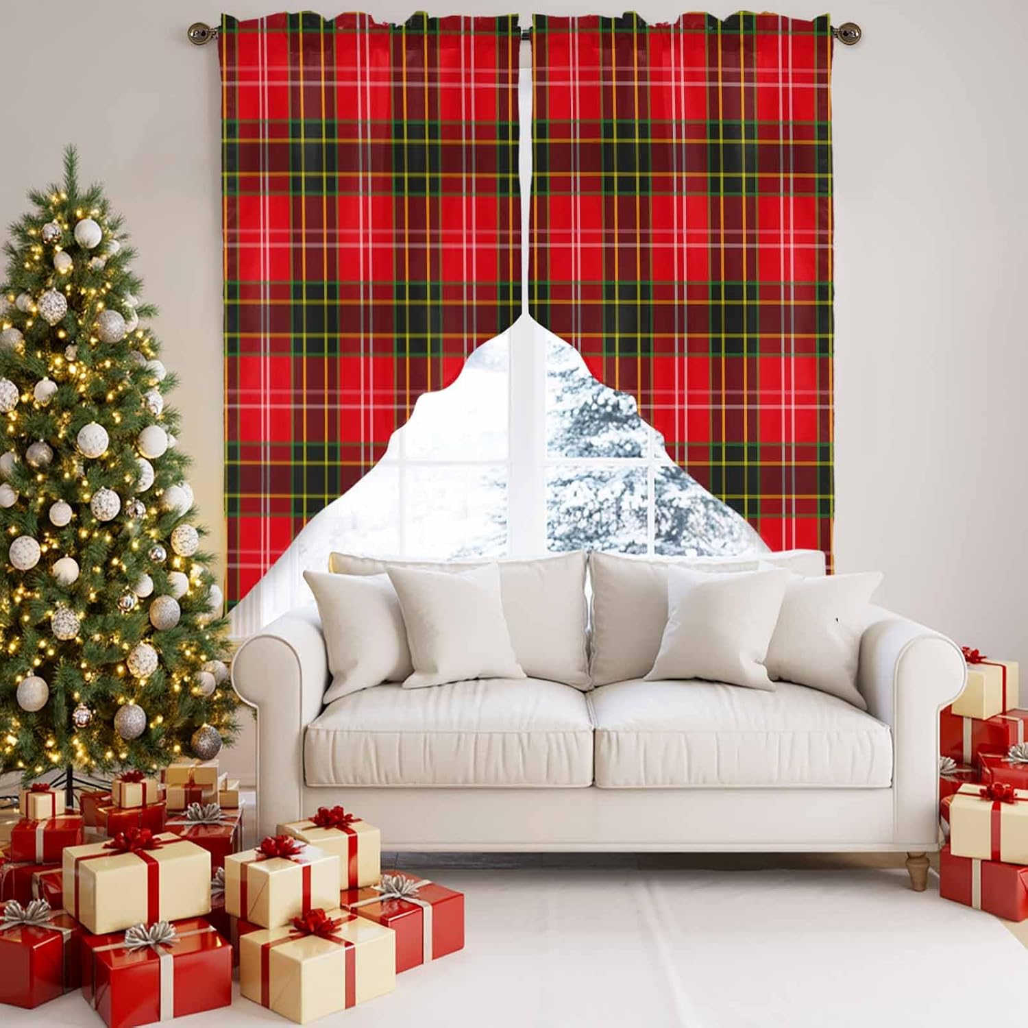 Christmas Green Red Tartan Buffalo Lattice Swag Curtain Valance - 2 Panels Rod Pocket Swag Topper Curtains,Vintage Chic Plaid Texture Window Treatment Tier for Kitchen Living Room Bedroom,36x63 Inch