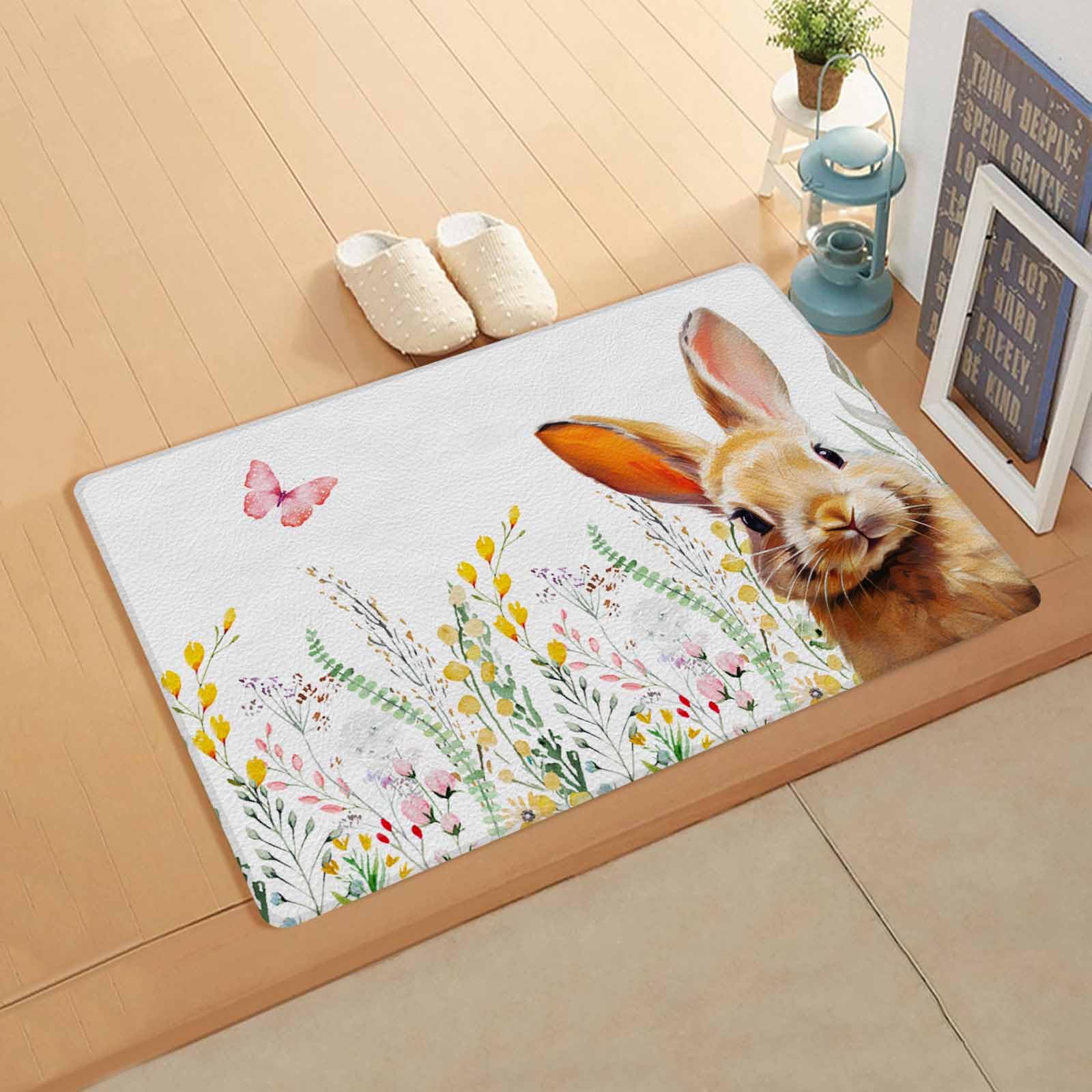 Easter Rabbits Kitchen Bath Door Mat Cushioned Runner Rug,Washable Welcome Floor Sink Antifatigue Mat,Waterproof & Non-Slip Comfort Standing Doormat,Easter Bunny Botanical Wildflower Leaves 18