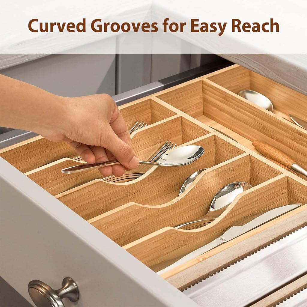 Range-couverts en bois extra profond avec 7 emplacements pour couteaux, fourchettes et cuillères, porte-ustensiles de cuisine pour l'organisation des tiroirs