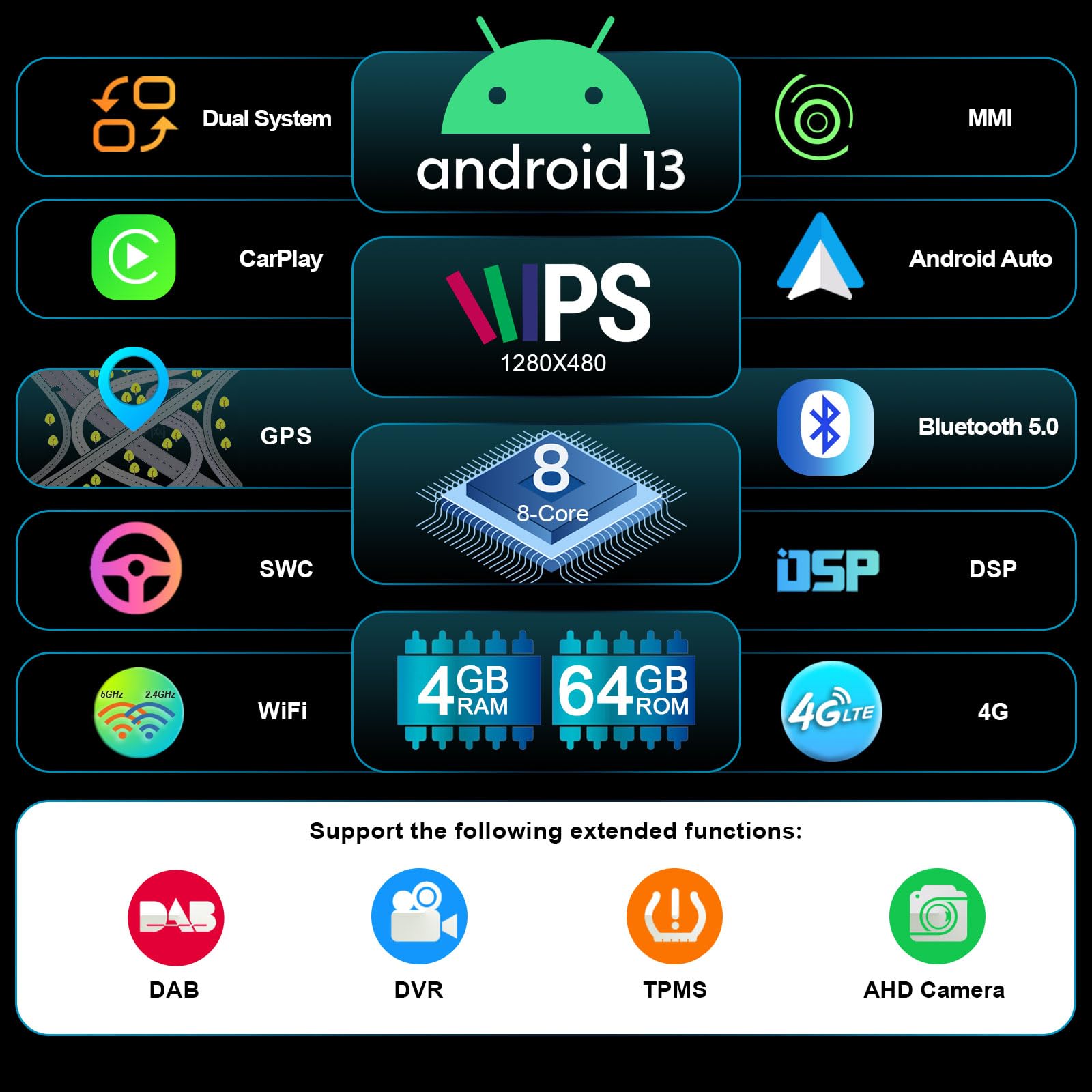 Erisin 8.8 pollici 8-Core 4GB+64GB Android 14 Autoradio Bluetooth Navigatore GPS per Audi A4 S4 RS4 2009-2012 Supporto CarPlay Android Auto OEM MMI WiFi 4G DAB+ IPS Schermo USB DVR DSP Canbus SWC