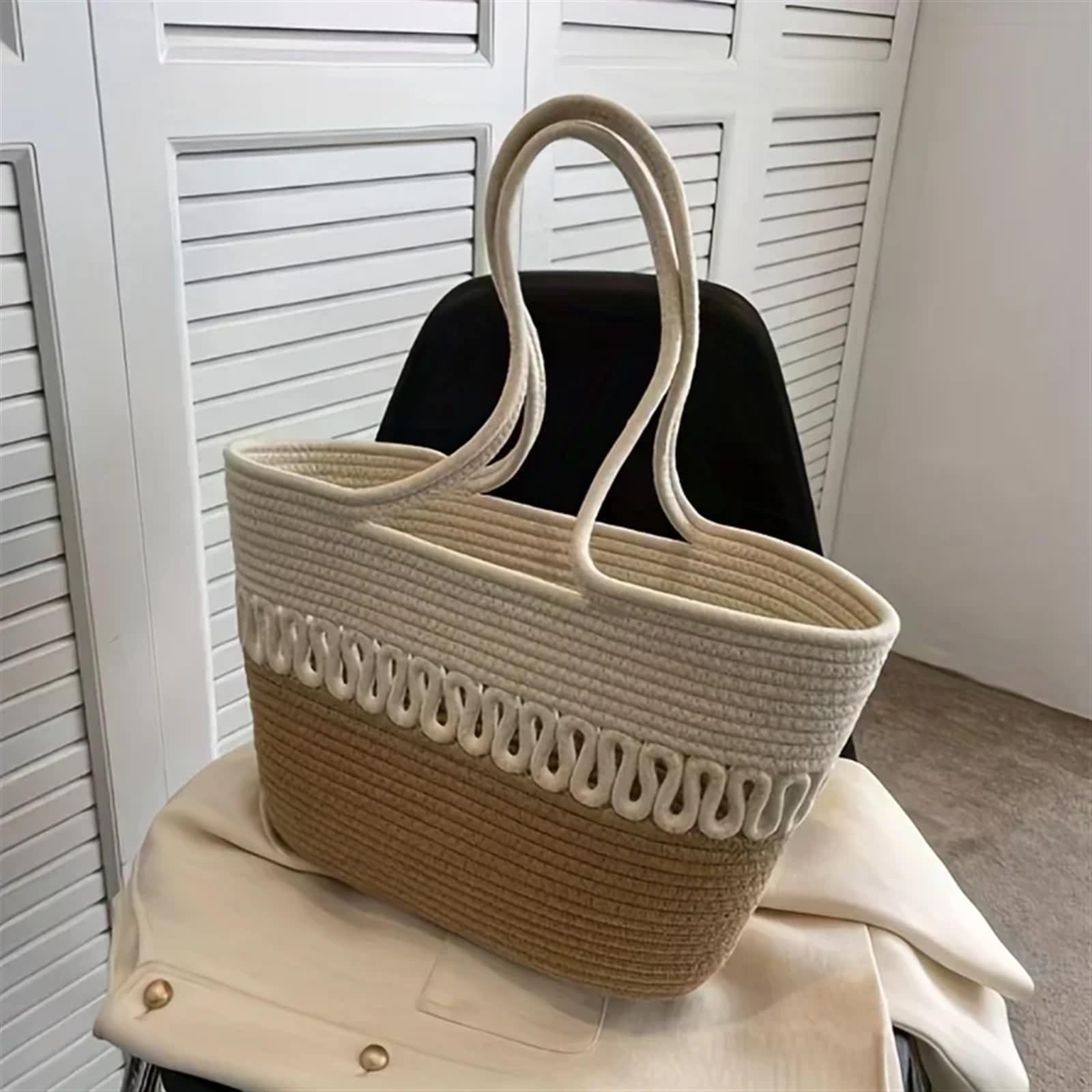 Bolsos de Paja Kits de Tejido, Bolso de Playa de Tela Caqui, Gran Capacidad, Hecho a Mano, Paja, Bolsa de Ocio for Vacaciones de Verano, Bolsos de Mujer, Bolsas de Compras(A)