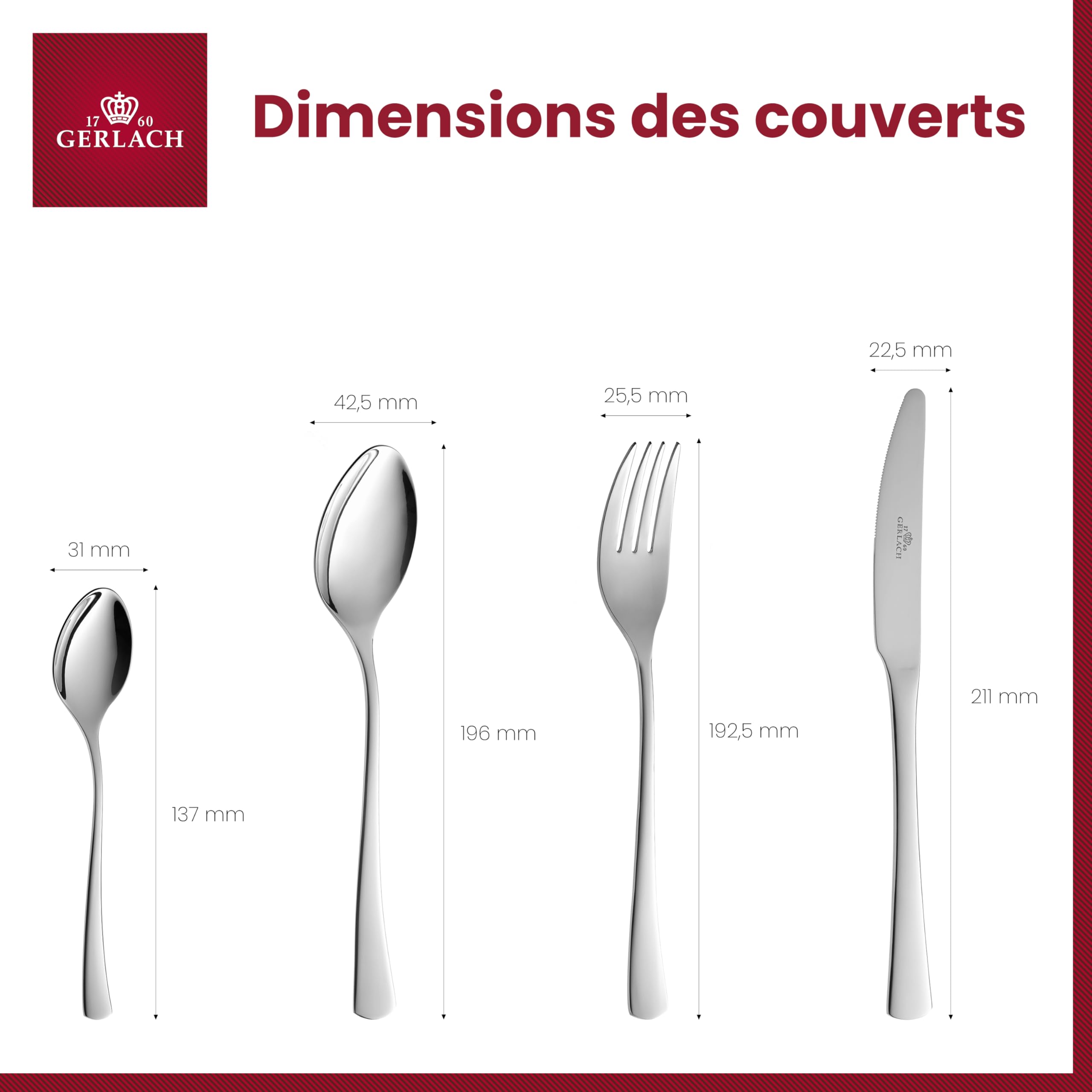 Gerlach 1760 Set de Couverts pour 6 personnes - 24 pièces - Acier Inoxydable 18/0 - sans Nickel - Couverts de Table - Tune