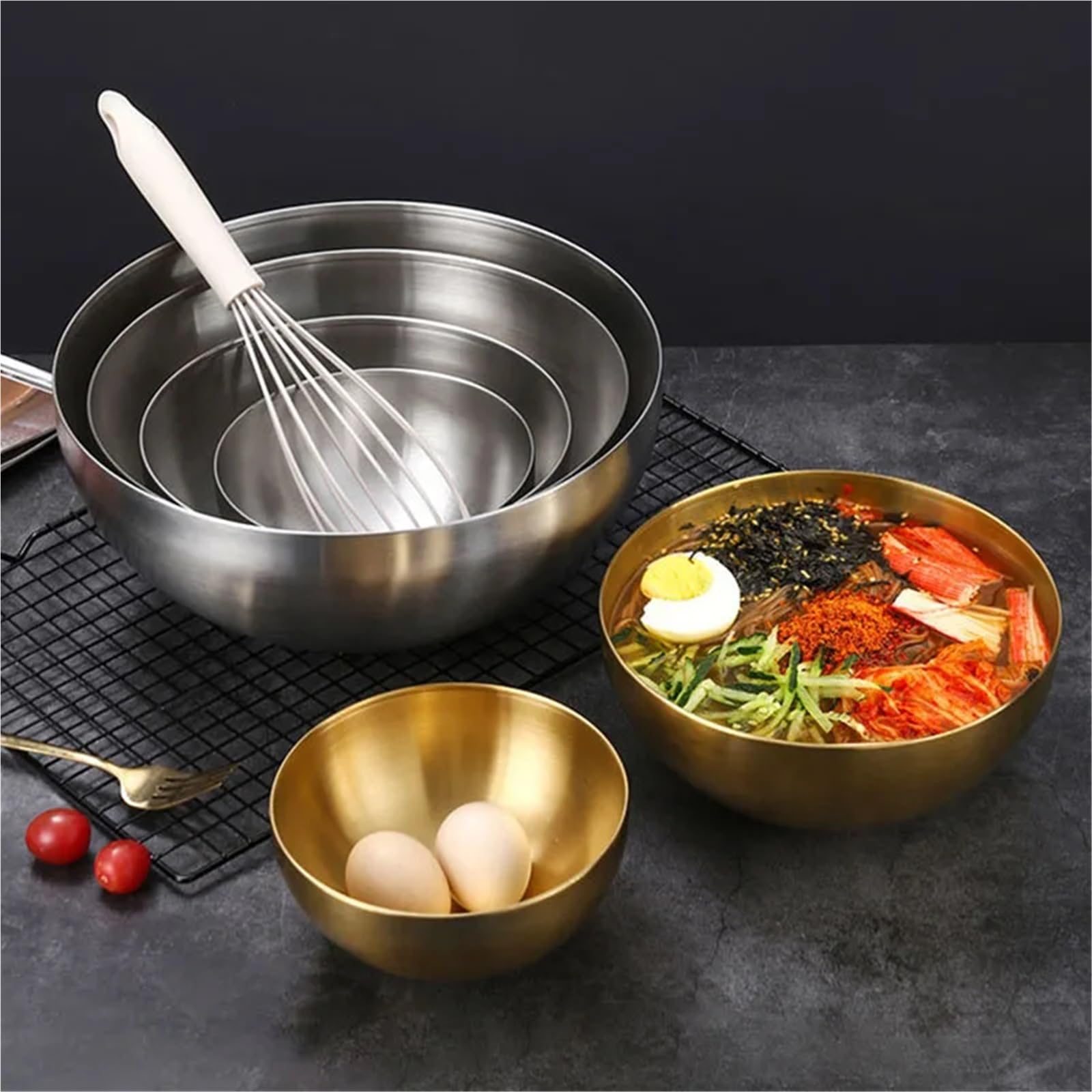 Cuenco de acero inoxidable Ensaladera De Acero Inoxidable 15 Cm, 20, 24 Y 28, Cuenco Multifuncional For Fideos, Redondo Dorado Plateado(Gold 28cm)