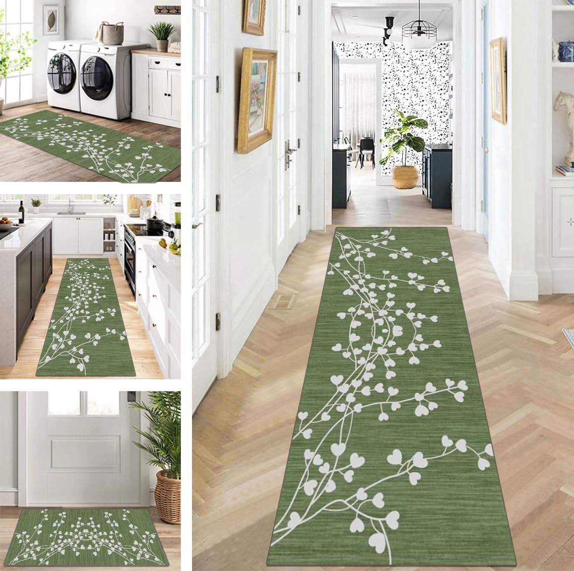 ZUZEKU Alfombra de pasillo y cocina, lavable, antideslizante, 50 x 350 cm, color verde, larga, para cocina, pasillo, salón, dormitorio, por metros, personalizable
