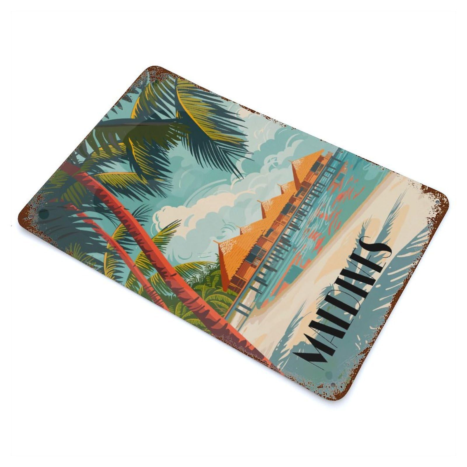 Aged Metal Wall Plaque with Maldives Paradise Huts Design 11.8"x7.9", for Pub, Kitchen And Man Cave Decor, Shabby Chic Decor