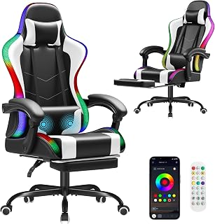 Homall Ergonomic Gaming Chair with Massage Lumbar, Footrest, Headrest & RGB Lights - Ivory Video Game Chair