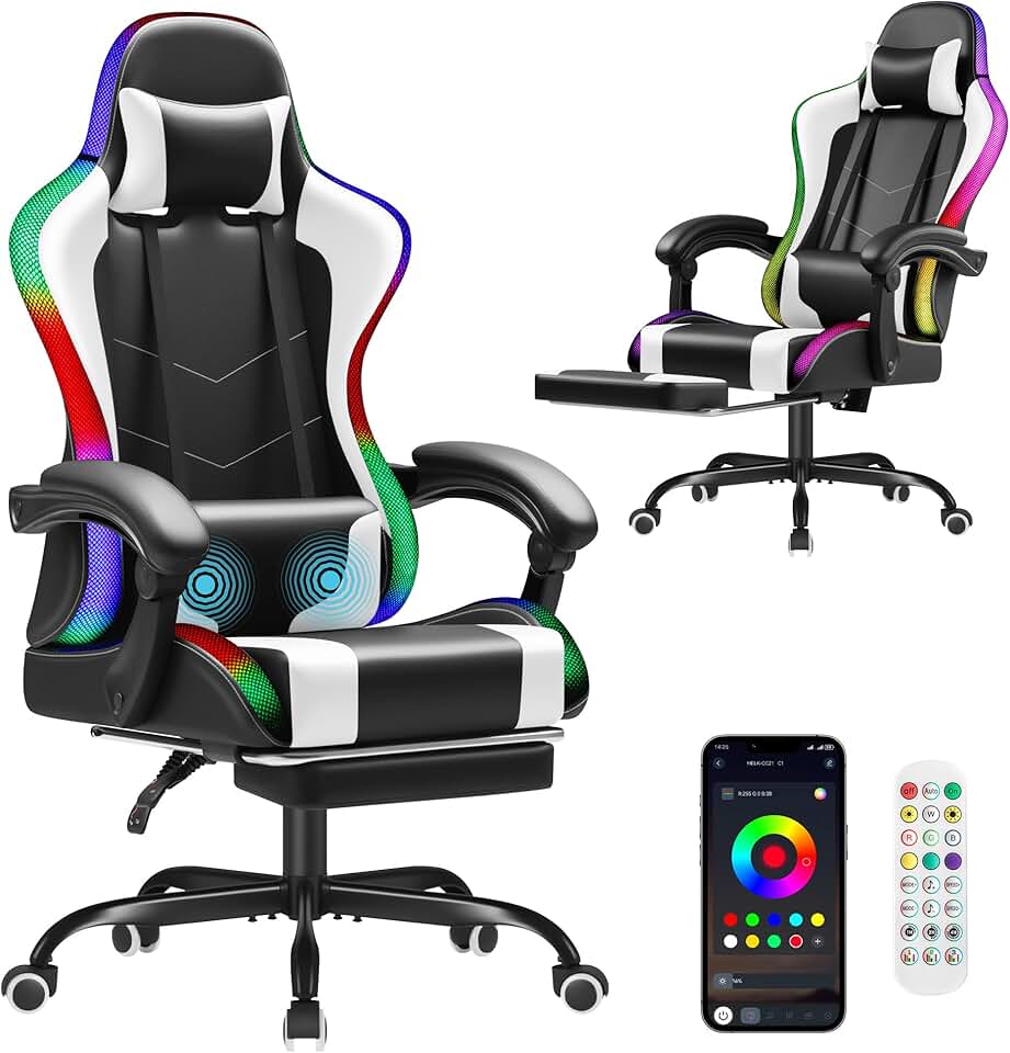 Homall Gaming Chair, Video Game Chair with Footrest and Massage Lumbar Support, Ergonomic Computer Chair Height Adjustable with Swivel Seat and Headrest (RGB Lvory) Global Recycled Standard