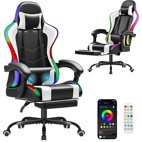 Homall Gaming Chair, Video Game Chair with Footrest and Massage Lumbar Support, Ergonomic Computer Chair Height Adjustable with Swivel Seat and Headrest (RGB Lvory)