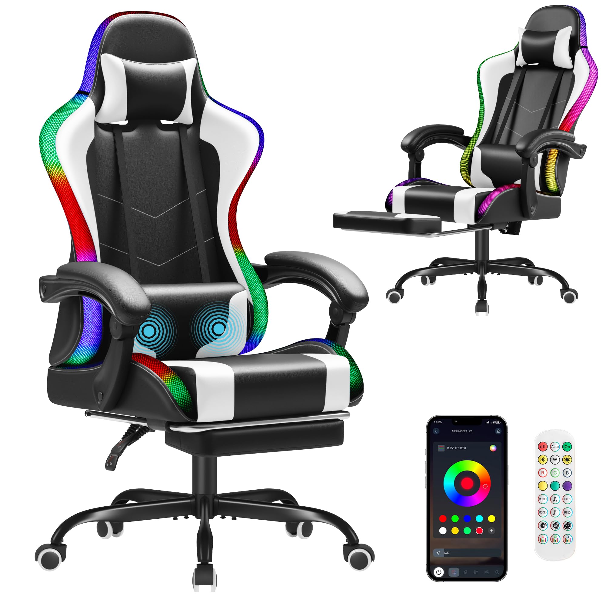 Homall Gaming Chair, Video Game Chair with Footrest and Massage Lumbar Support, Ergonomic Computer Chair Height Adjustable with Swivel Seat and Headrest (RGB Lvory)