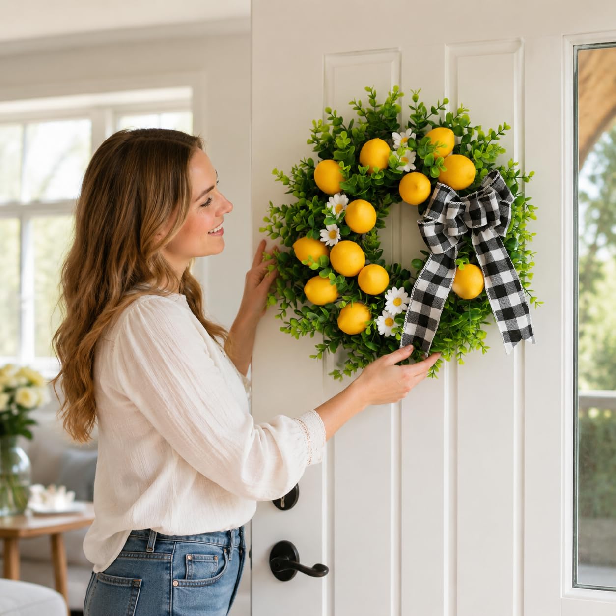 Corona Artificial, Guirnalda Decorativa para Puerta, Flores Artificiales para Hogar, Decoración Pared