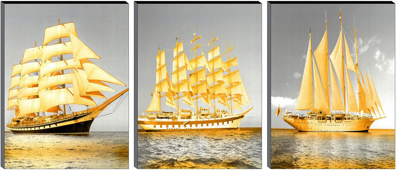 1ArtofCreation Set of 3 Golden Large Ship Golden Reflection Water UV Coated Home Decorative Large Mdf Wall Painting 12" X 27" Inch CANFC12260