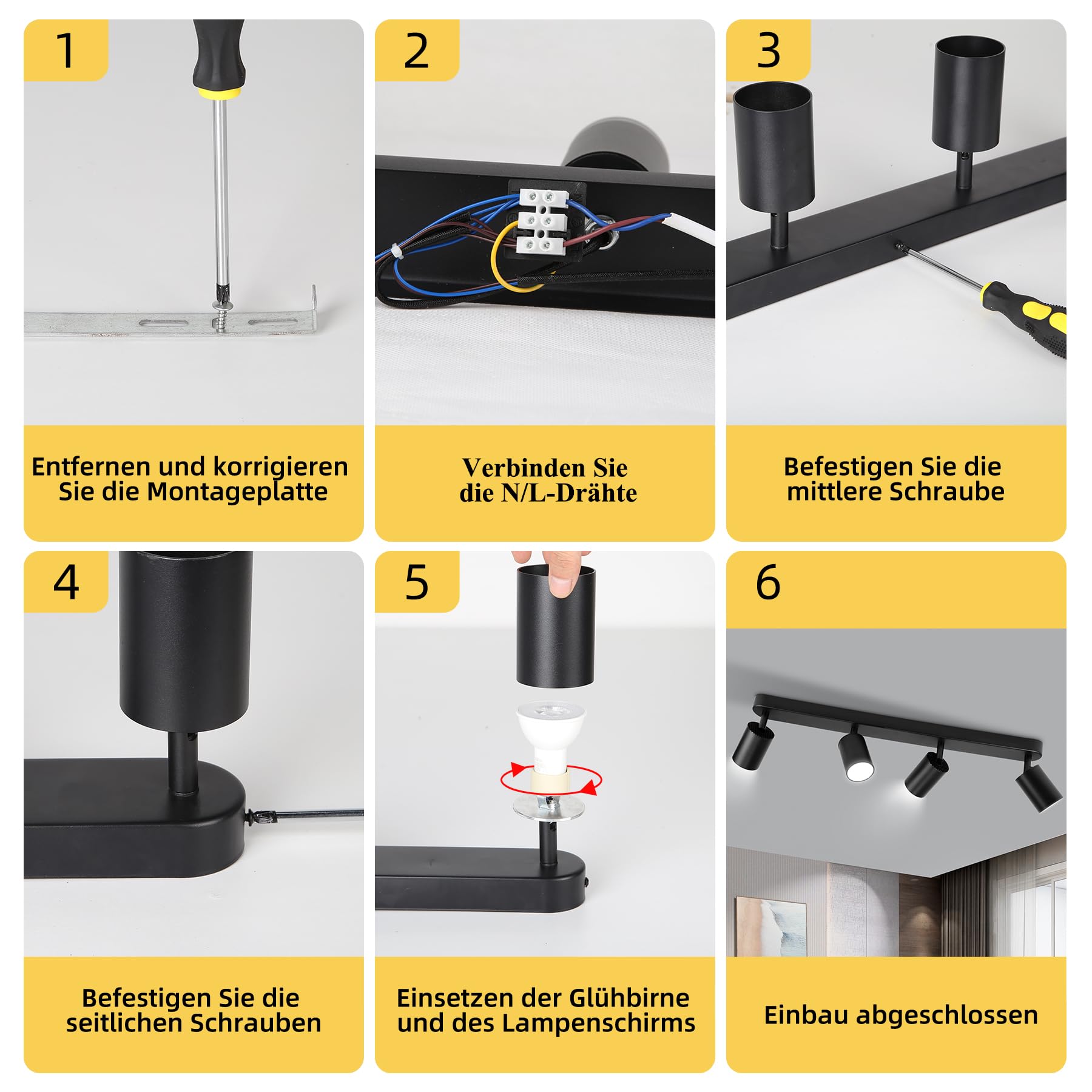 CHENBEN Reflektor sufitowy, 4 żarówki, GU10, czarna, regulowana w zakresie 350°, lampa sufitowa, nowoczesne reflektory punktowe LED, do sypialni, kuchni, salonu (bez żarówek)