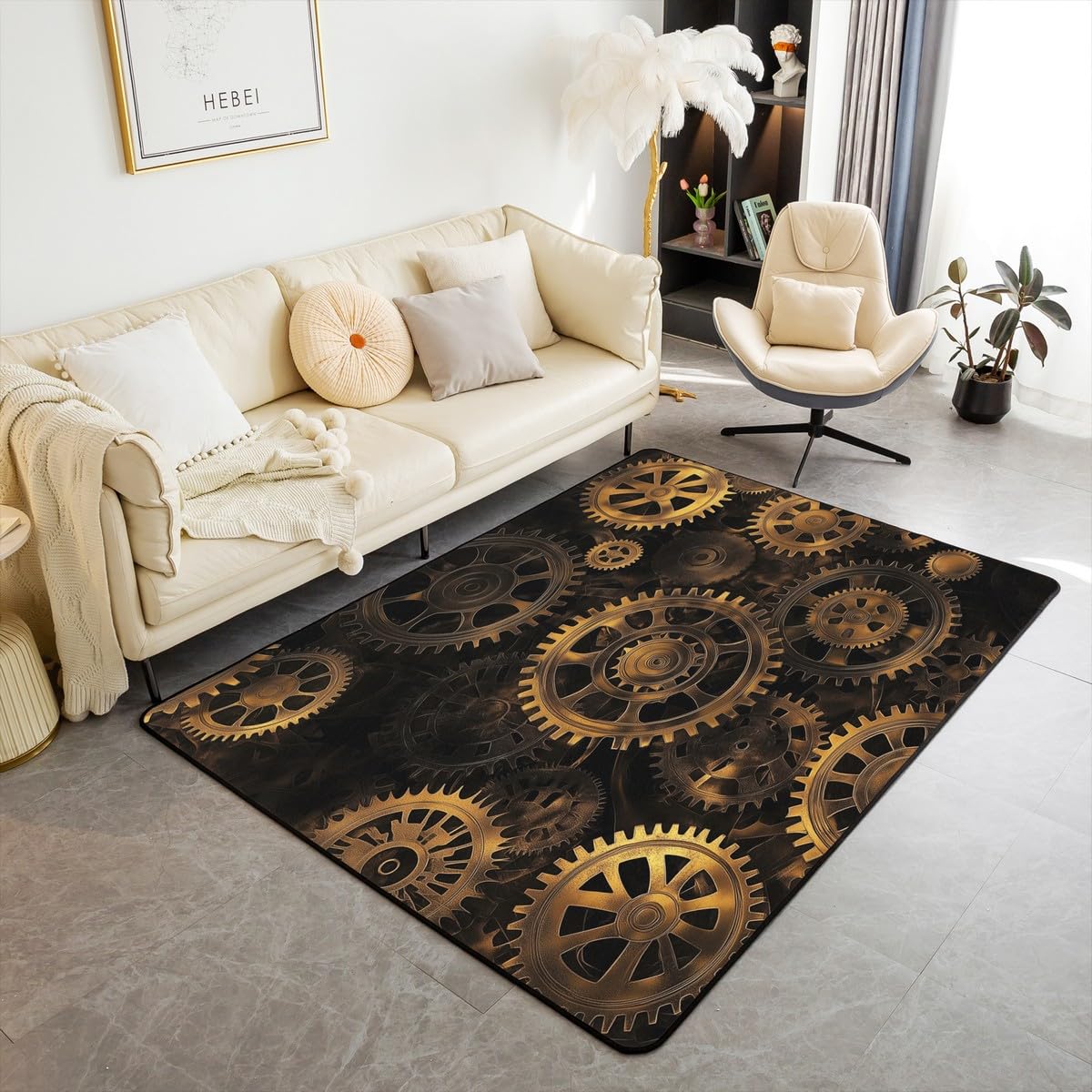 Golden Ndustrial Gear Area Rug Steampunk Style Carpet 4x5 Clocks Theme Indoor Floor Mat for Kids Boys Teens Men Mechanical Device Area Runner Rug,