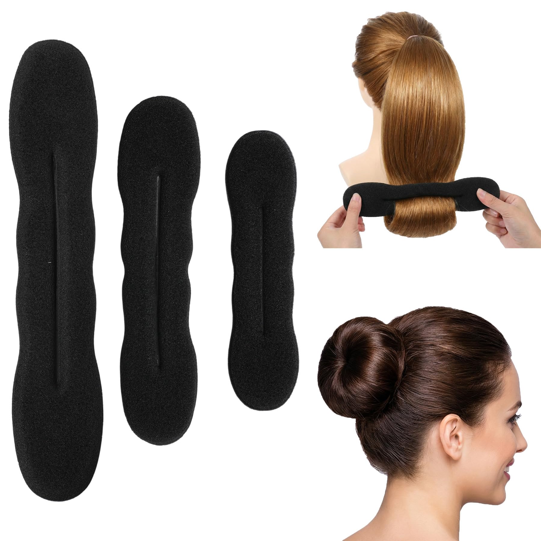 3PCS Hair Bun Maker For Women's Hair, 3 Sizes Sponge Hair Updo Shaper for Long Curly Straight Thin Wavy Hair Magic Hair Curler Clip Ties Hair Styling Accessories French Twist Hair Tool