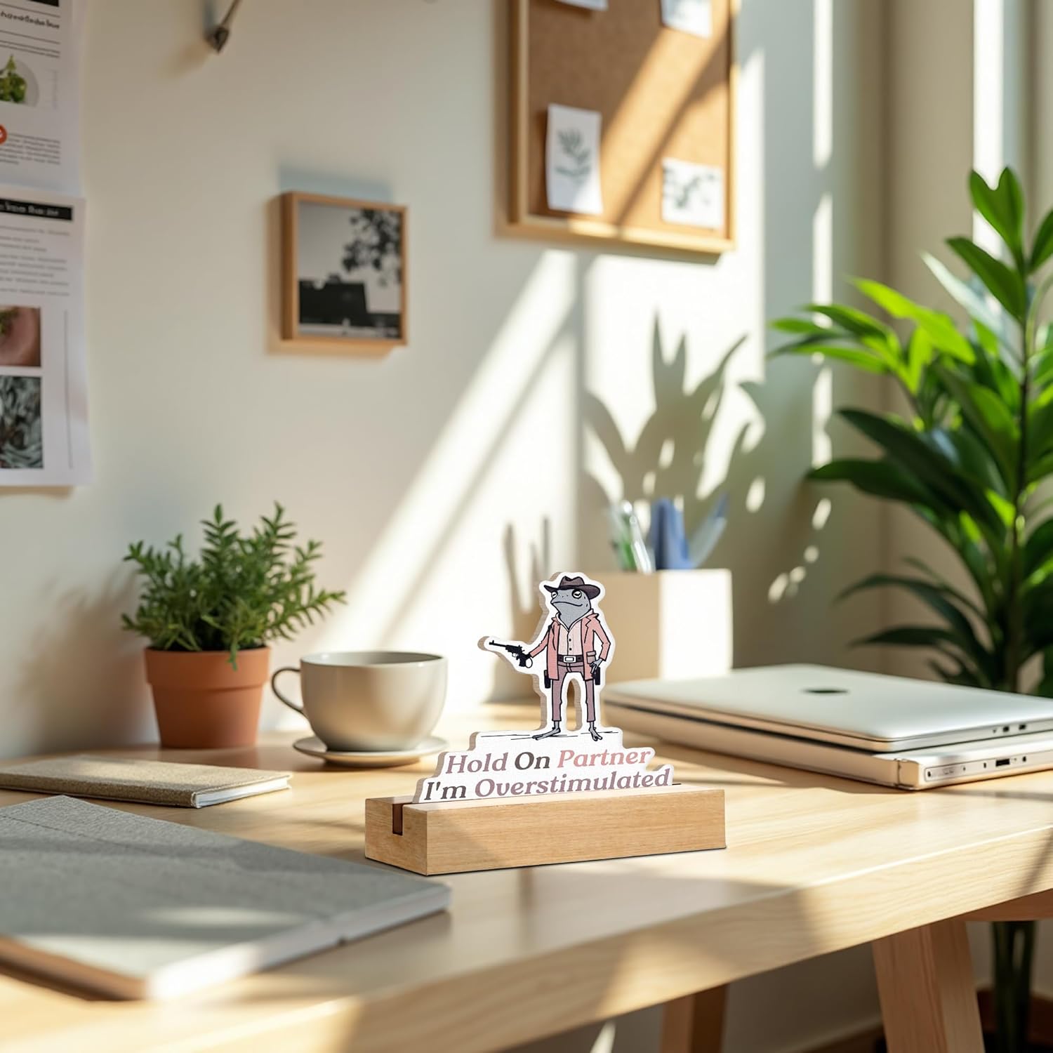 Funny Office Decor,Frog Desk Sign, Gifts for Coworkers, Hold on Partner I'm Overstimulated Cowboy Frog Wooden Plaque with Stand for Home Office Desk - Image 5
