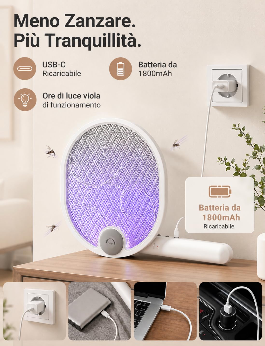 WOCVRYY Racchetta Zanzare Elettrica Pieghevole 4000V 1800mAh 3 in 1 Scacciamosche Elettrico USB Ricaricabile Palette Schiacciamosche e Luce LED Adatto per Interni ed Esterni