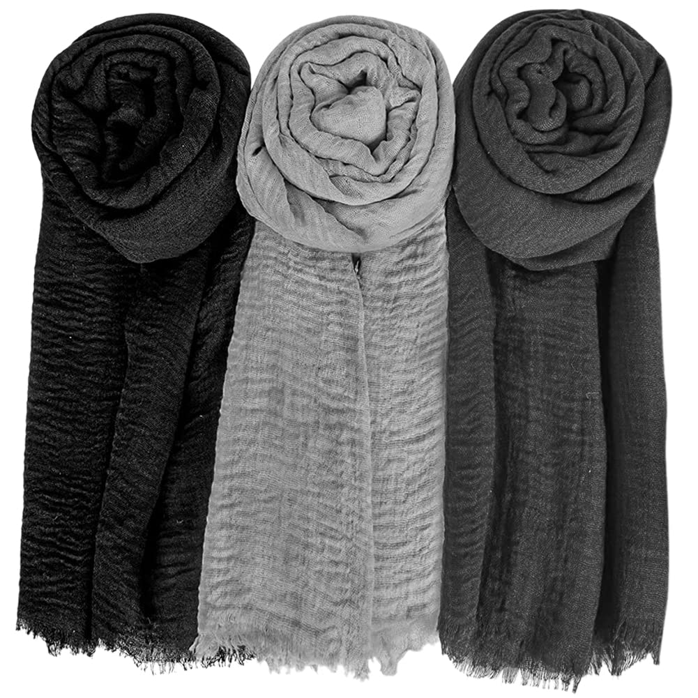Summer Cotton Blend Crinkle Vintage Soft Scarf with Fringed Edges 35" × 70"