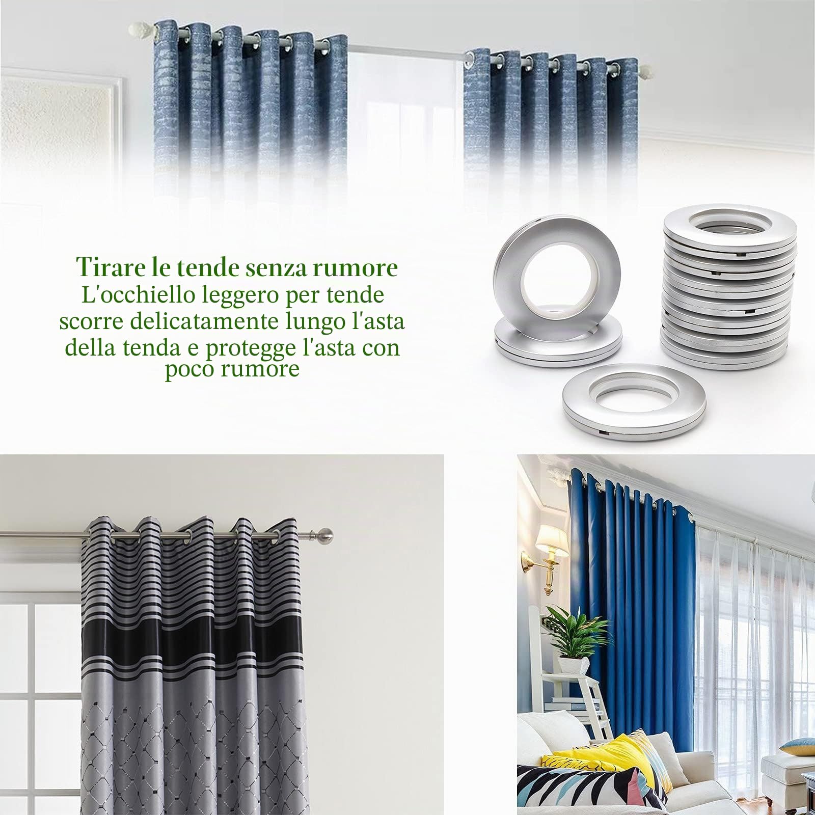 32pcs Anelli per Tende Plastica Rotondi Anello Occhiello a Basso Rumore 40 mm diametro Interno per Camera da Letto Soggiorno Tenda Fibbia (Argento)