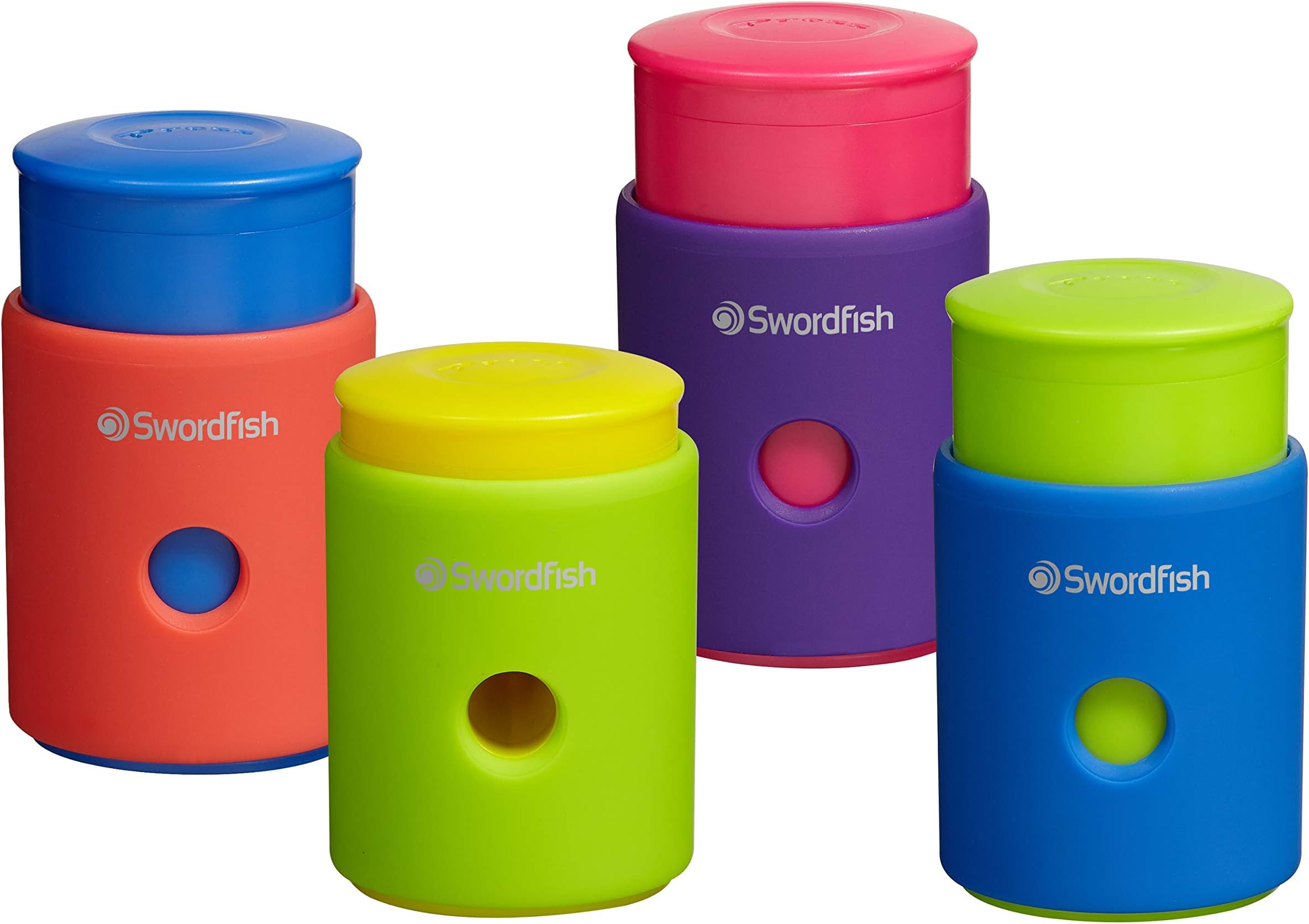 Swordfish‘Click Click’ Pencil Sharpener with Mess-Free Canister [Pack of 1] Assorted Colours [40331], Yellow,Blue,Green,Pink