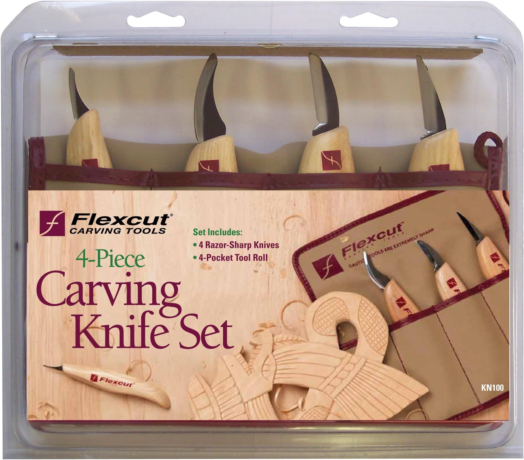 Wood Carving Tools Set 4 Piece Carving Knife Set KN100, Whittling Knives Include Solid Ash Handle