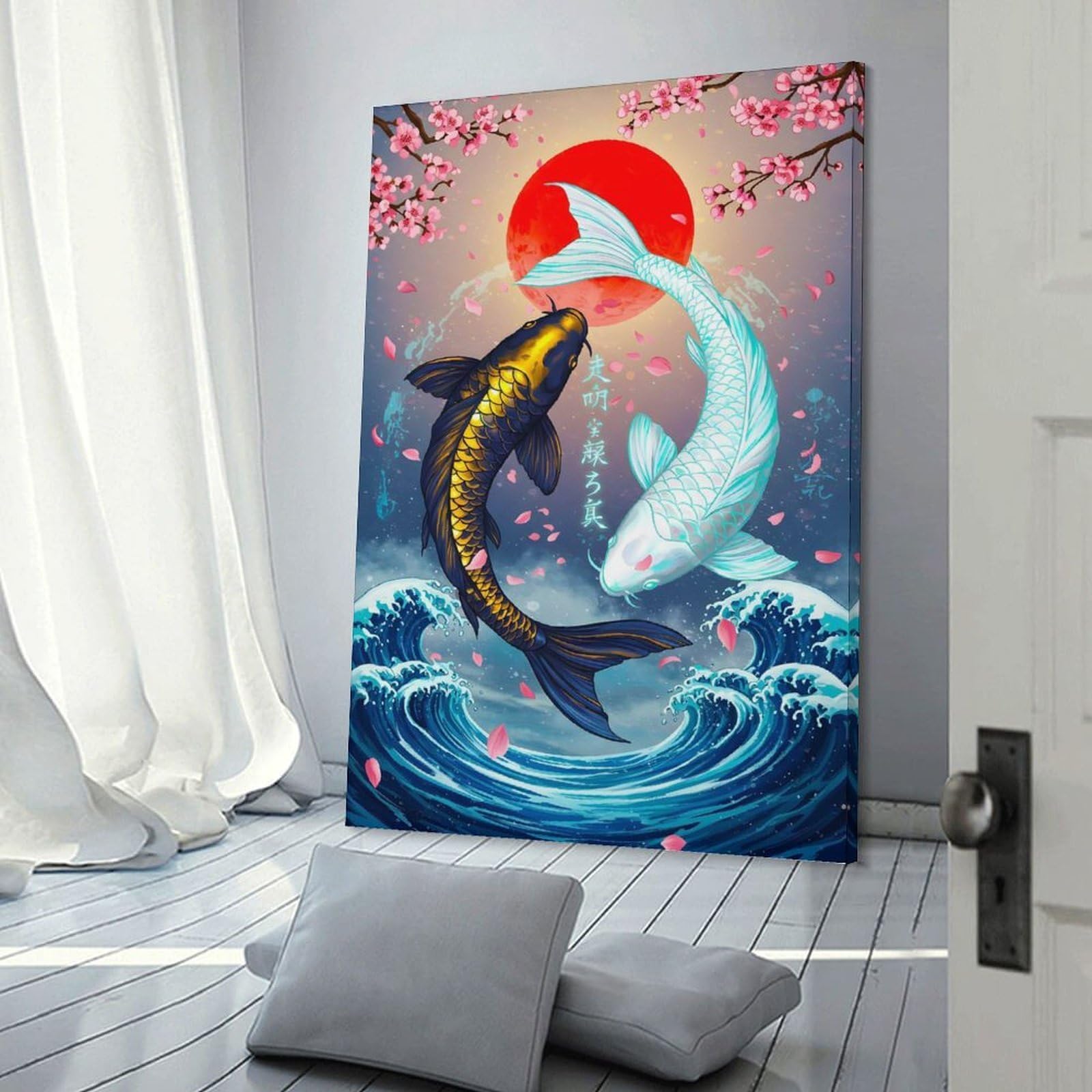 Junmoney Wall Picture Print Yin Yang Koi Fish Illustration, 24x36inch(60x90cm), for Hallway, Bedroom Or Modern Interiors, Thoughtful Wall Decor for Art Lovers