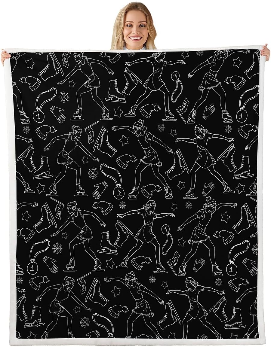 Ice Skating Girl Flannel Fleece Blanket,Figure Skate Sports Silhouette Teal Super Soft Blanket for Bed Sofa Couch,Watercolor Marbling Abstract Marble Texture Bed Blanket,Twin 60"x80"