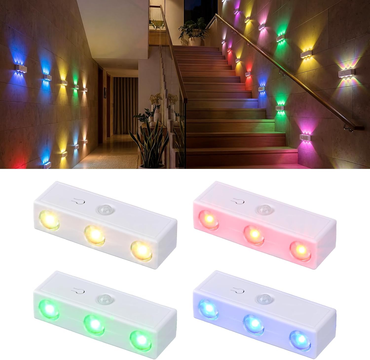 4 luci notturne ricaricabili con sensore di movimento RGB + LED dimmerabili per scale, senza fili con 3 modalità (Auto/ON/OFF) luci notturne per bambini per camera da letto corridoio cameretta cucina