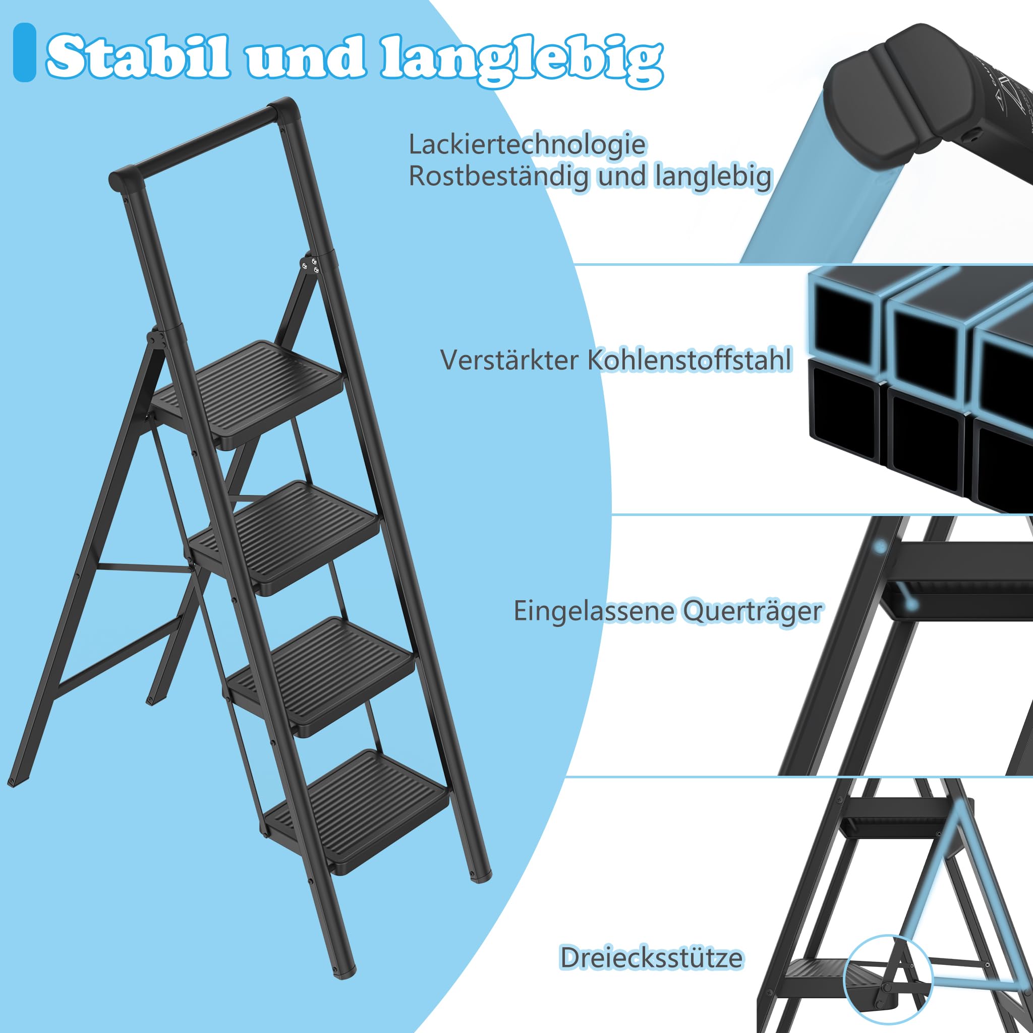 YRHome 4 Stufen Klappbar Trittleiter Leiter Tritthocker Klapptrittleiter mit breitem rutschfeste Pedal und Handlauf Multifunktionale Haushaltsleiter Stehleiter Bis 250KG Schwarz für Haushalt, Küche