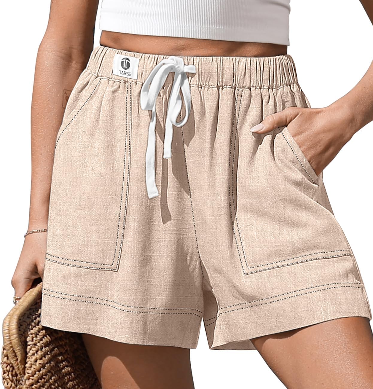 TARSE Women's Linen Casual Shorts Summer Drawstring High Waisted Wide Leg with Pockets Loose 2026 Cute Vacation Outfit