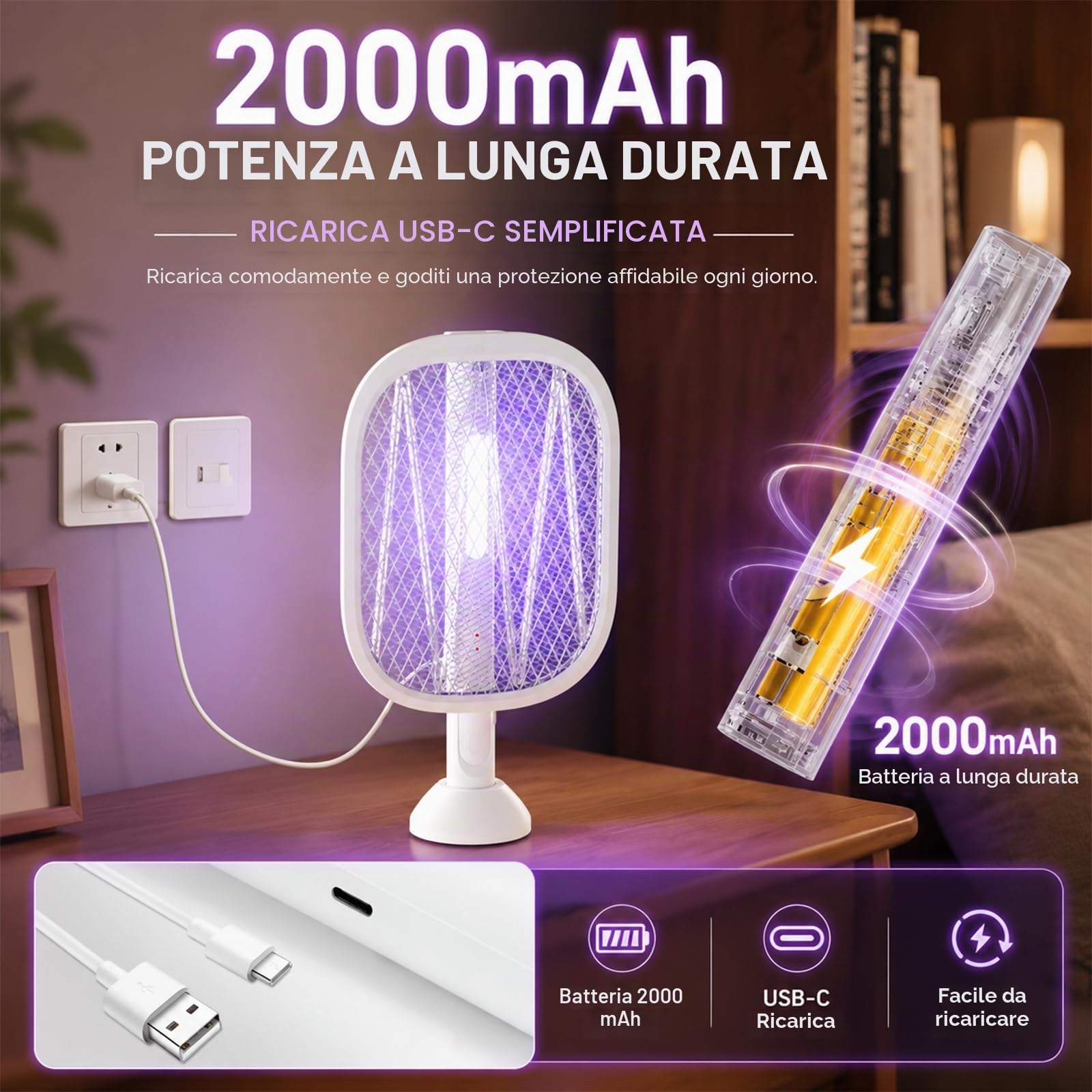 Racchetta Zanzare Elettrica (2 Pezzi), 5000V Ammazza Zanzare e Mosche 2 in 1 con Luce Notturna, Testa Pieghevole 180° e Lunghezza regolabile da 61 a 72 cm, 2000mAh, Lampada Antizanzare da Interno