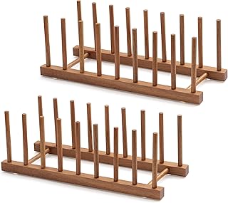 HBlife 2pcs Acacia Wooden Dish Dying Rack Pot Lid Plate Organizer Holder for Cabinet, Cutting Board Stand Drainer Storage Plate Rack for Dish, Pot Lid, Bowl, Cup, Cutting Board and Books