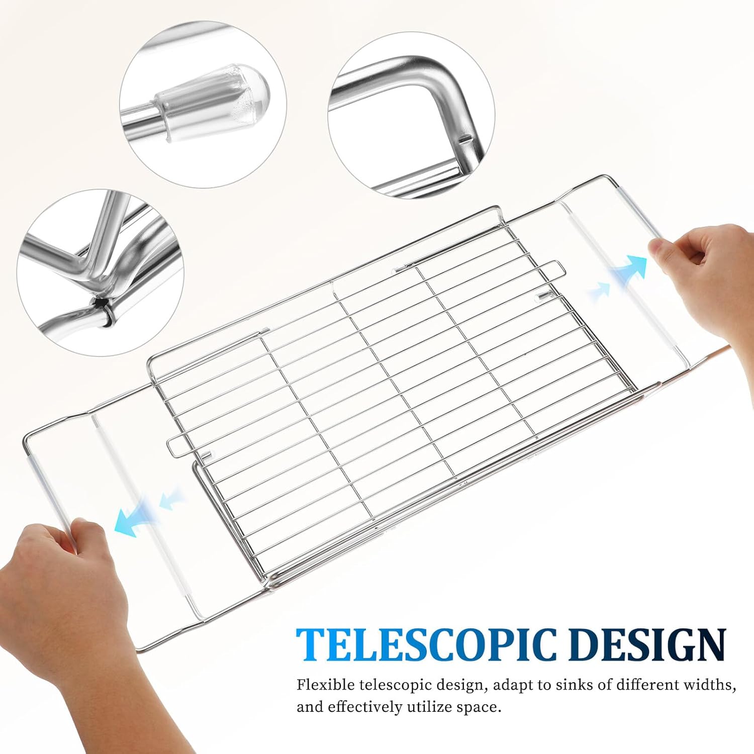 Stainless Steel Kitchen Telescopic Dish Rack Over Sink, Foldable Large-Capacity Drying and Storage Organizer with Cup Hanger, Multipurpose Sink Storage for Home and Restaurant