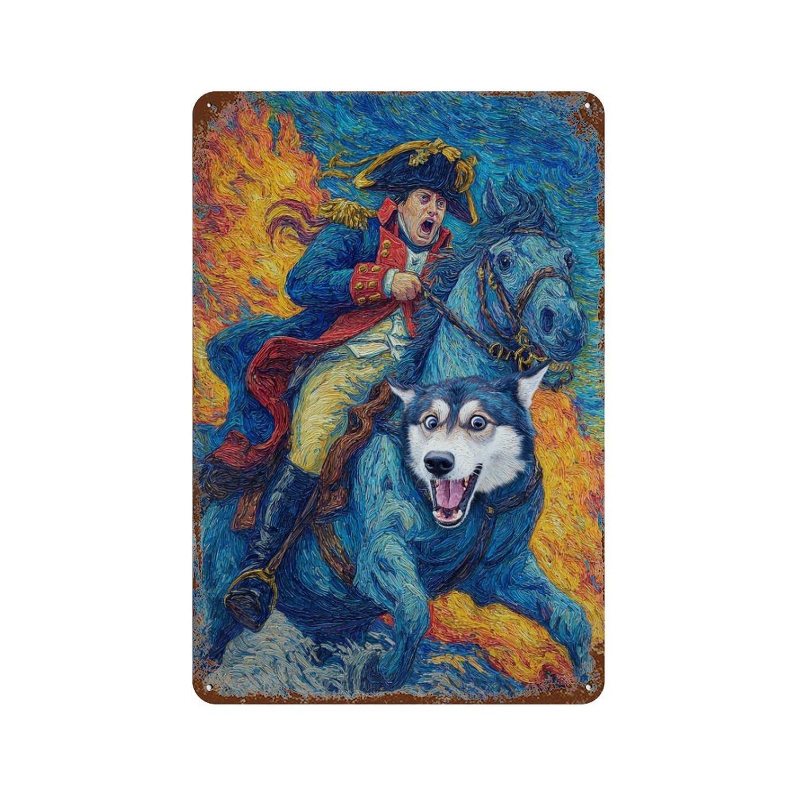 Painting Horseman with Husky Rust Effect Tin Sign 11.8"x7.9", Industrial Home Decor for Garage, Pub Or Kitchen