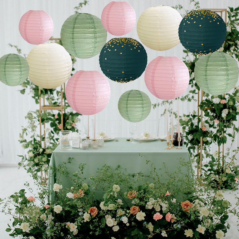 Papierlaternen Rosa Grün 12 Stück Lampions Salbeigrün Rosa Hängende Runde Papierlaternen für Salbeigrün Rosa Babyparty Geburtstag Hochzeit Brautparty Deko