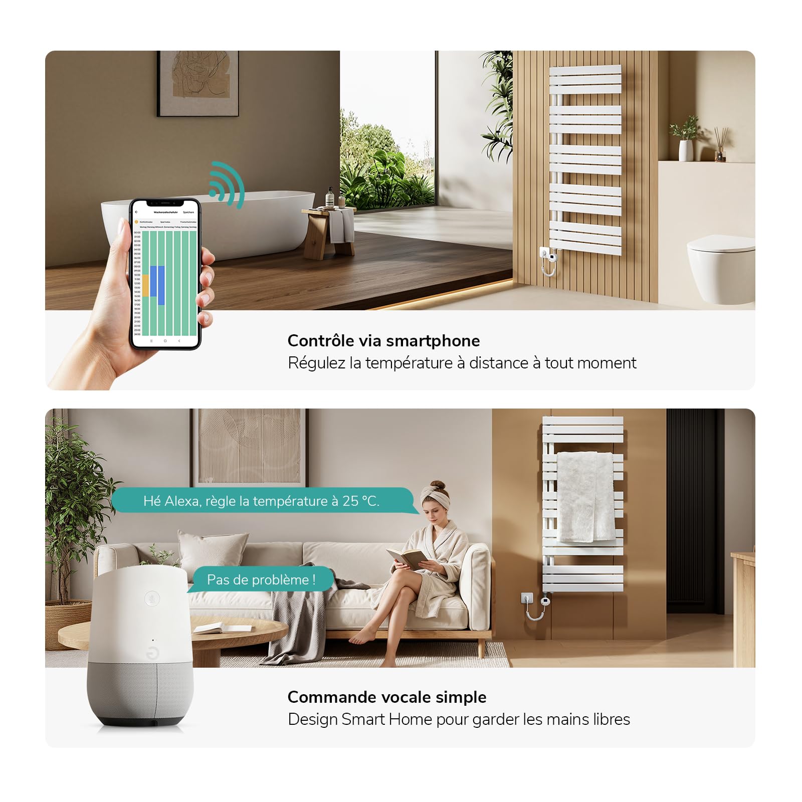 EMKE Sèche-Serviettes Électrique avec WiFi Thermostat,762x600 mm,Blanc | Seche Serviette Electrique,400 W ,Porte-Serviettes Électrique,Radiateur Seche Serviette Salle de Bain Mural