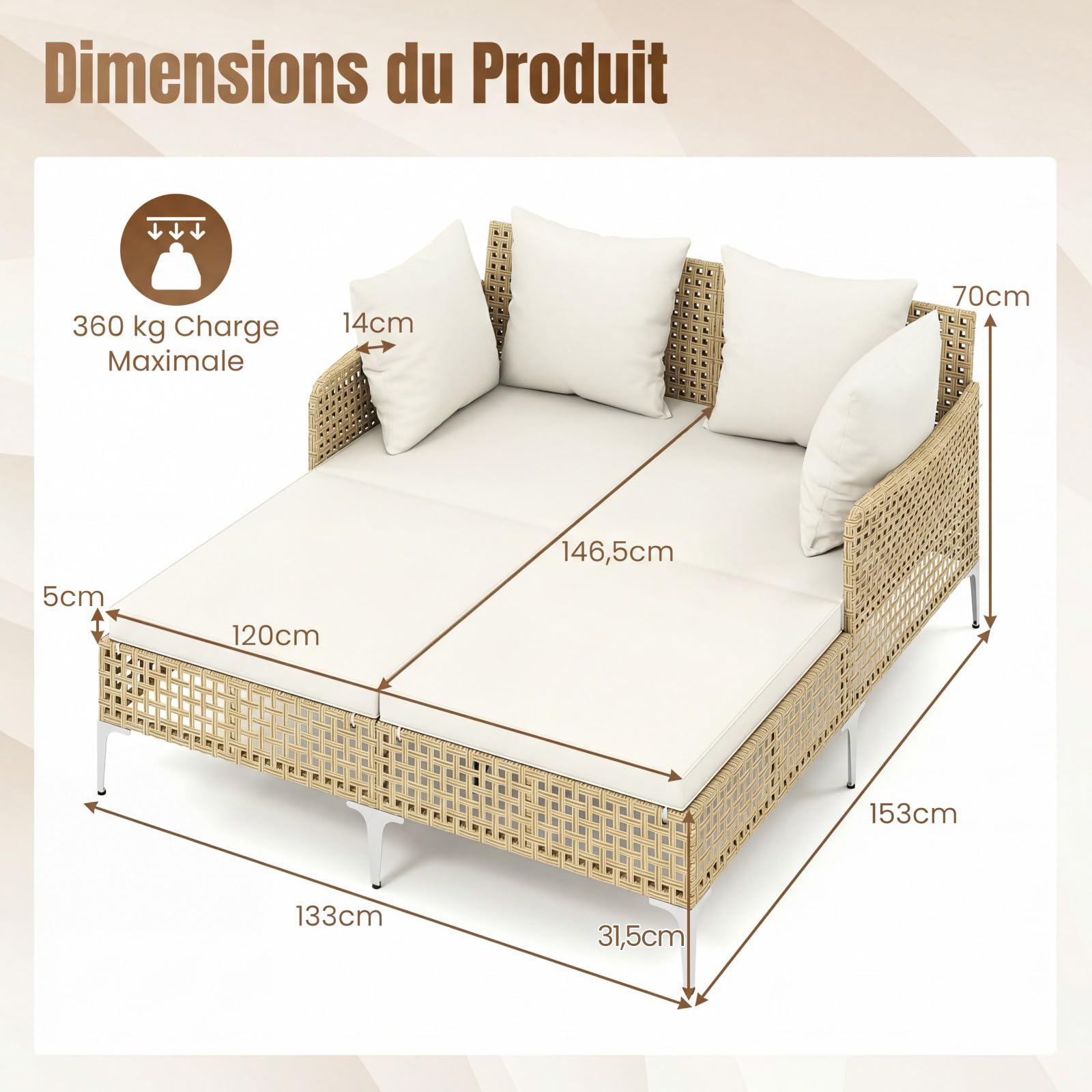 COSTWAY Bain de Soleil Double en Rotin PE, Cadre en Métal, Charge 360 kg