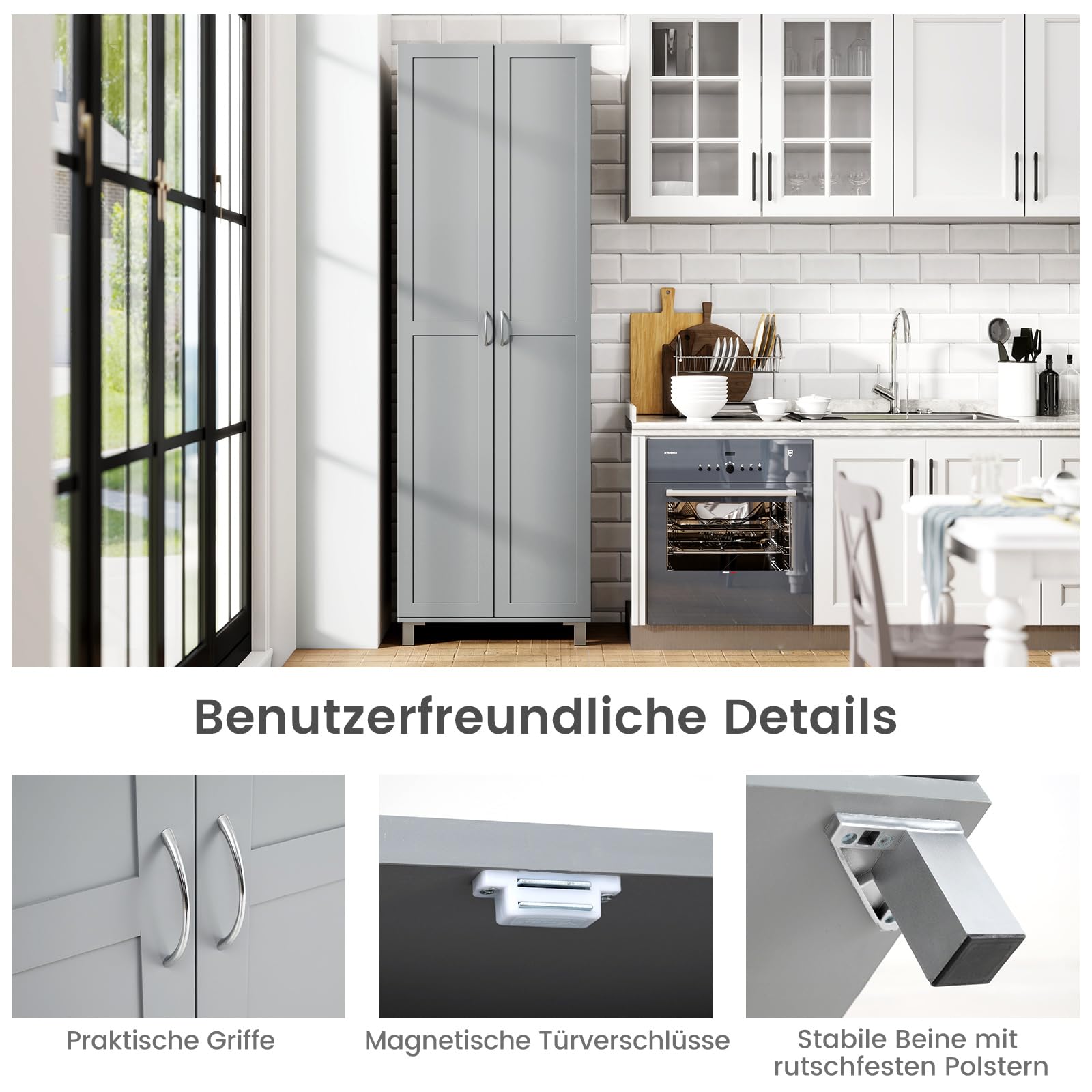 COSTWAY Küchenschrank hoch, 187 cm, Vorratsschrank mit 2 Türen & verstellbarem Regal, Mehrzweckschrank modern, Hochschrank Buffetschrank, für Küche Esszimmer Wohnzimmer (Grau)