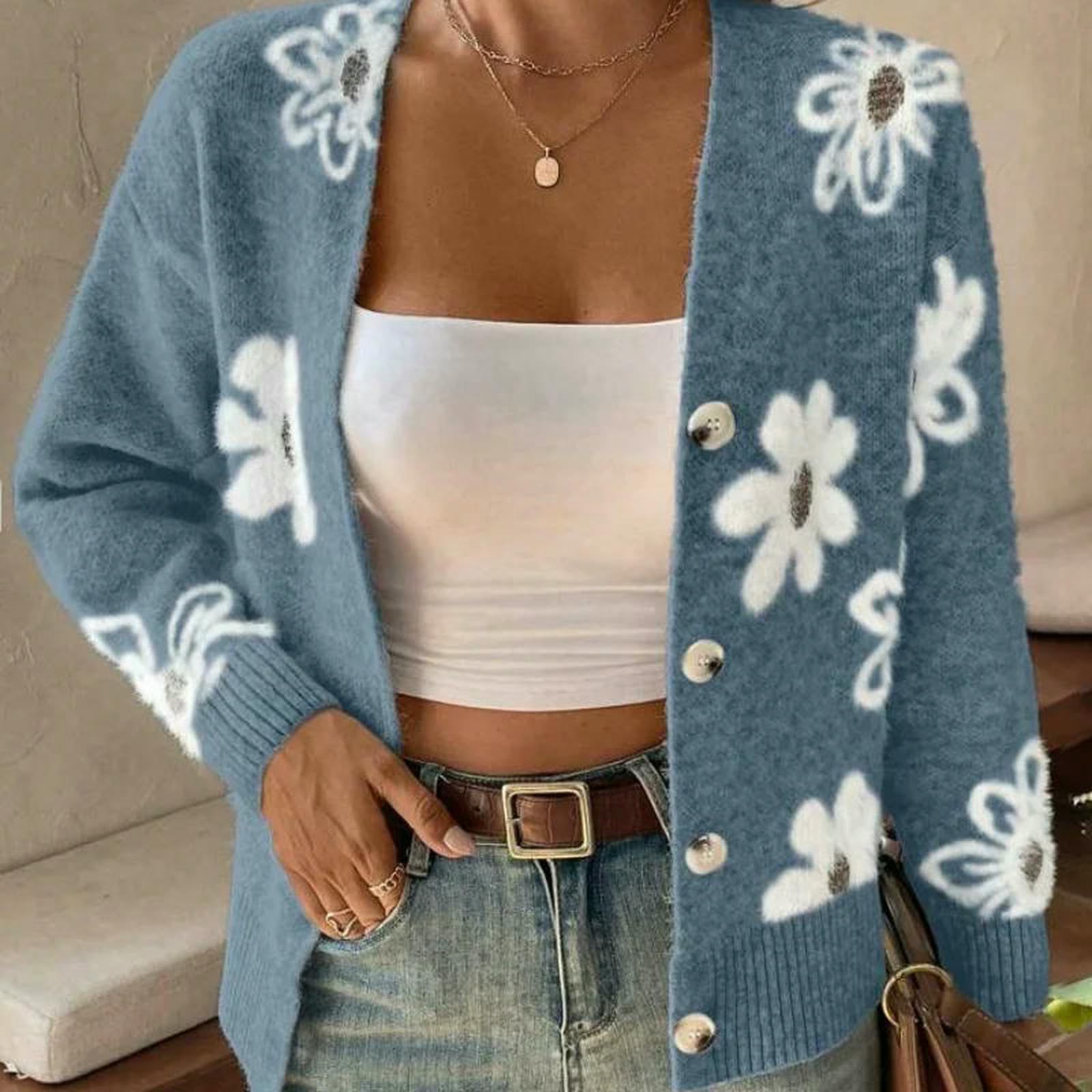 Maglione Donna Cardigan Floreale da Aperto sul Davanti A Maniche Lunghe Abbottonato Lavorato Maglia Capispalla-Blu-s