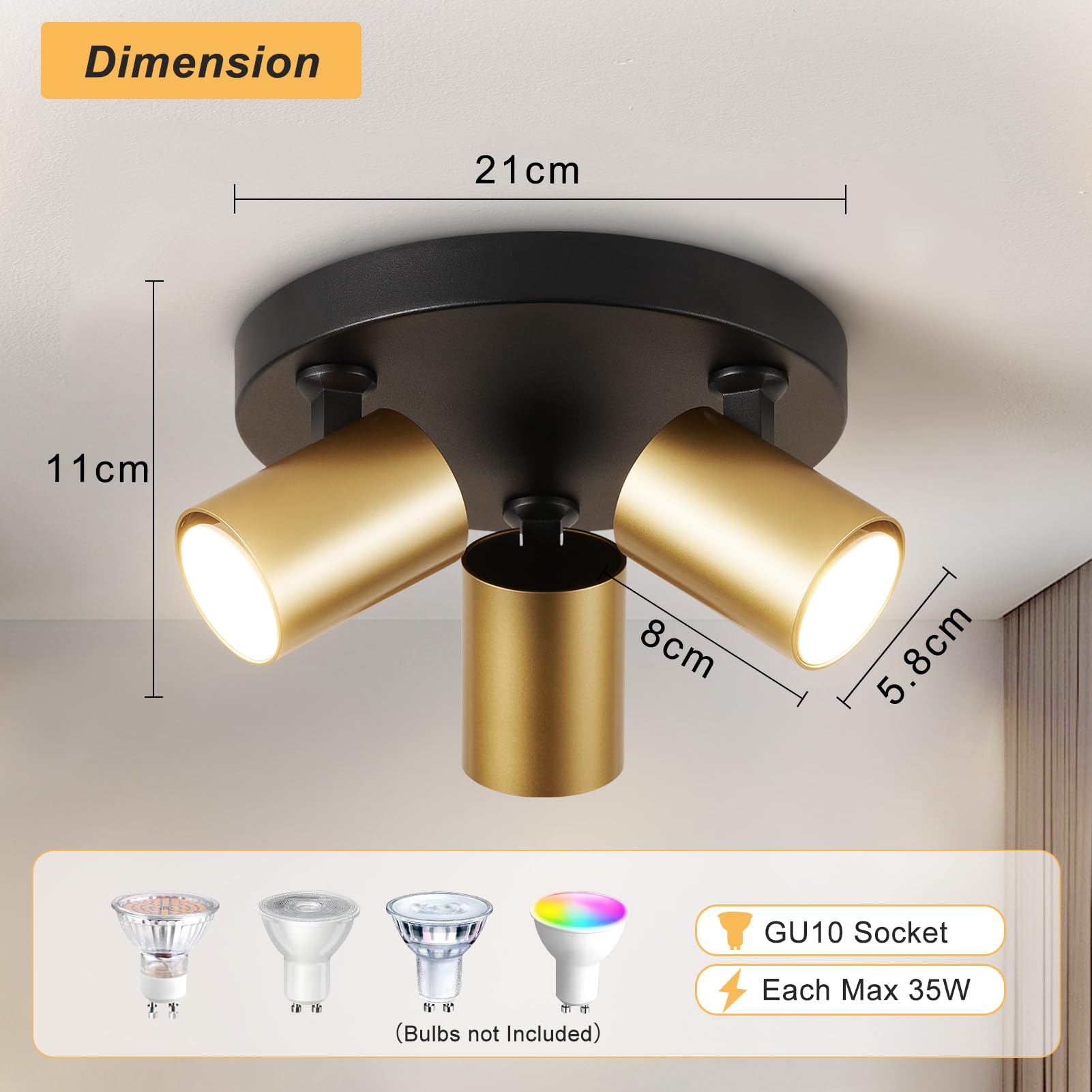 HARPER LIVING Foco empotrado para techo, casquillo GU10, acabado negro y dorado, orientables a 350°, iluminación moderna redonda para cocina, dormitorio, salón, pasillo (21 cm)