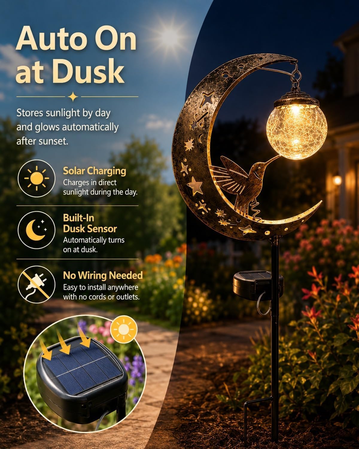 Lampada Solare Per Esterni,Presenta Un Design Che Combina Una Luna In Metallo Una Sfera In Vetro; Dotato Grado Protezione Ip65 Contro L'Acqua, Adatto L'Illuminazione Decorativa Esterno (1pcs)