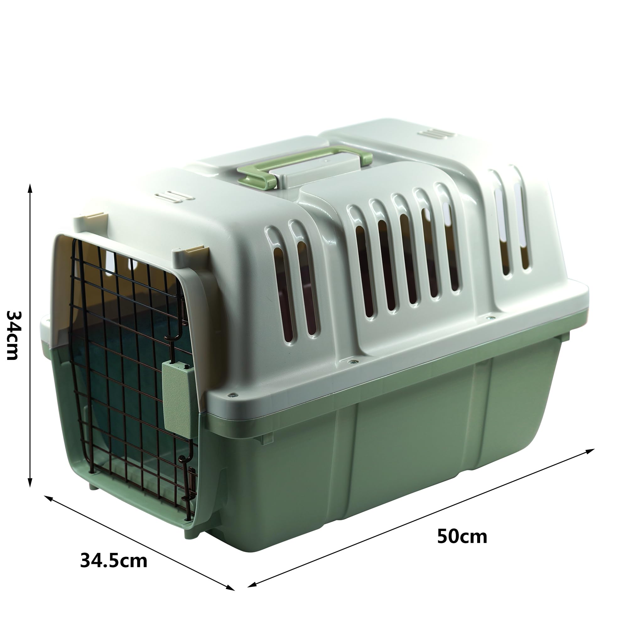 Trasportatore per animali domestici da viaggio trasportatore gatto trasportino cane piccolo scatola rigida in plastica con manico pieghevole (verde, 50 x 34,5 x 34 cm)