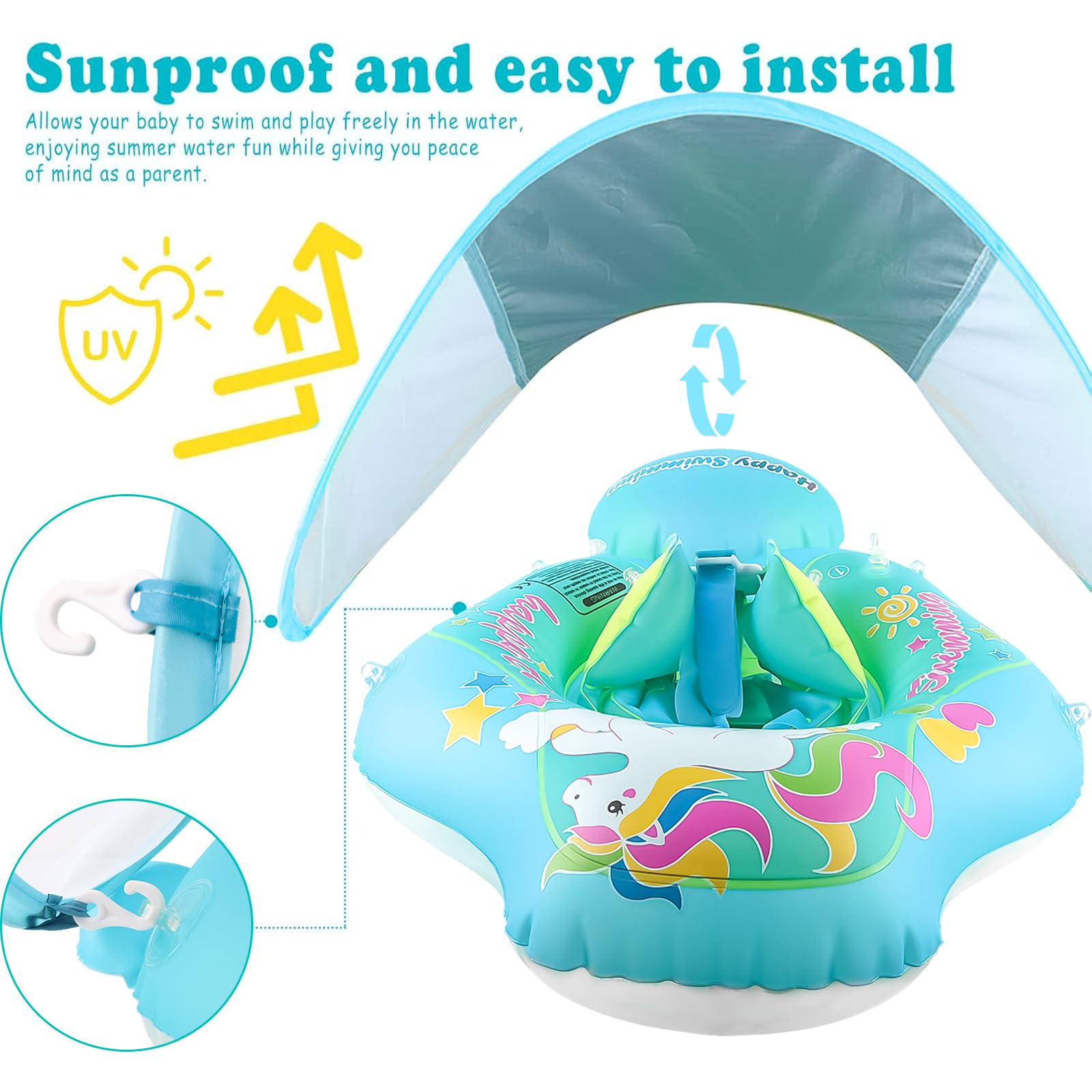 ACTOYS Piscina Bebe, Flotador Bebe con Sombrilla, Flotadores Piscina, Flotador Bebe, Flotador de Bebe Inflable, Anillo de Natación para Bebé, Juguetes Piscina y Baño 3 a 36 Meses