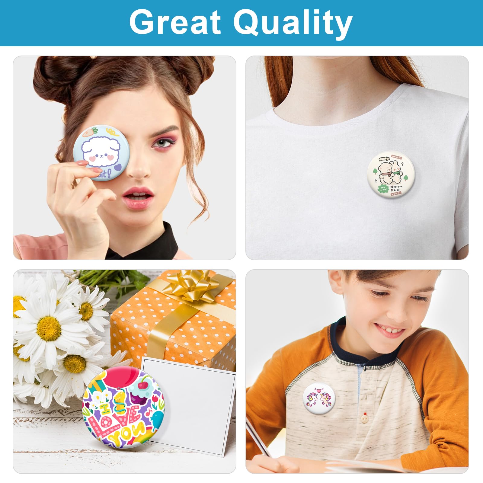 KUNTAERY 100 juegos de suministros para hacer botones de 3 pulgadas, piezas redondas de 75 mm con cubiertas de metal, tapas de plástico, película transparente y papel en blanco, perfecto para máquina