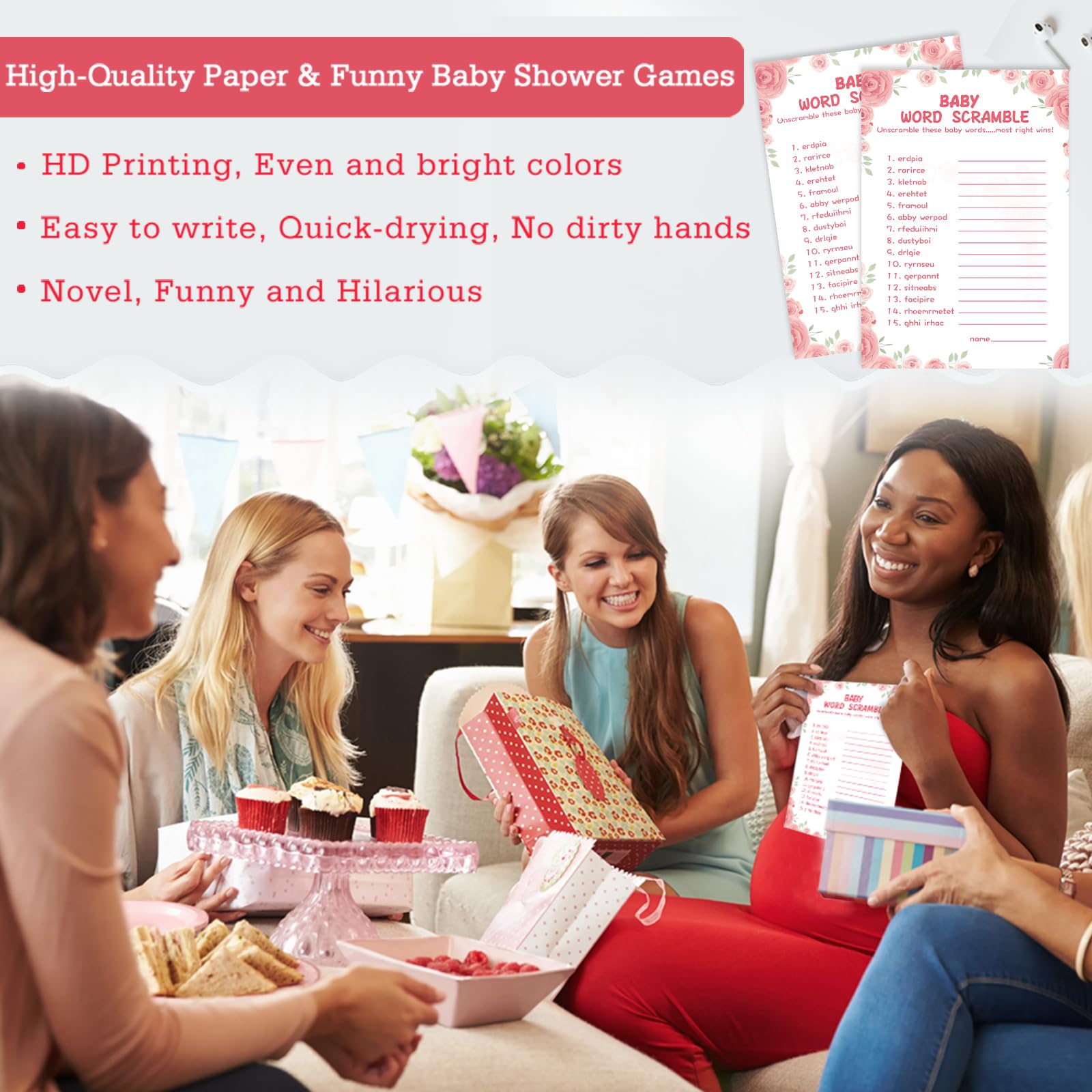 OLOUTAB Zestaw 50 zestawów na baby shower, kwiatowy, gruby karton, zabawny, łatwy do zabawy (z odpowiedzi)