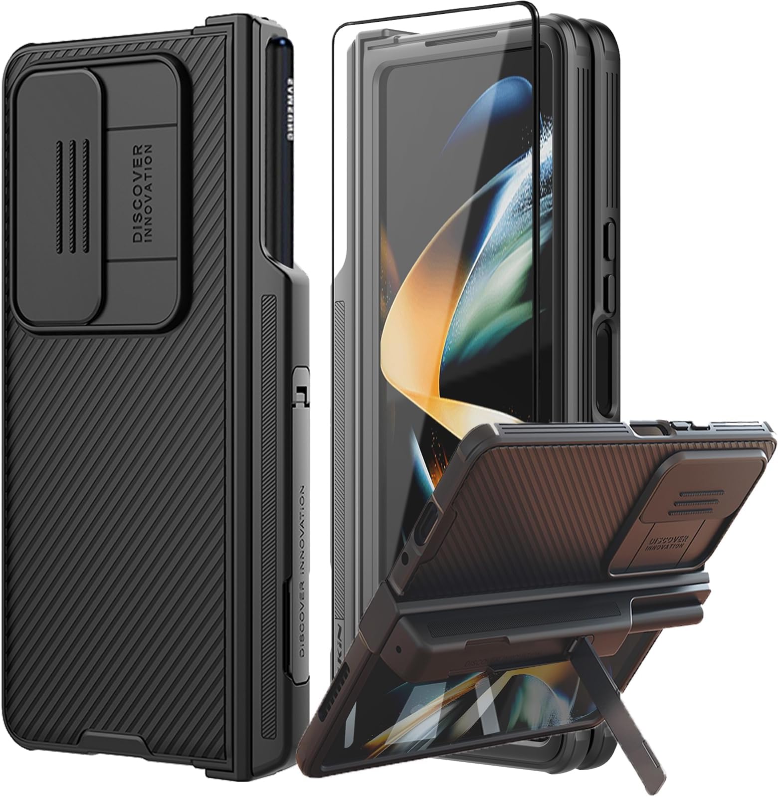for Samsung Galaxy Z Fold 4 Case with S Pen Holder & Slide Camera Cover & Screen Protectors,Hinge Protection with Hidden Kickstand Phone Case for Samsung Galaxy Z Fold 4(2022) Black
