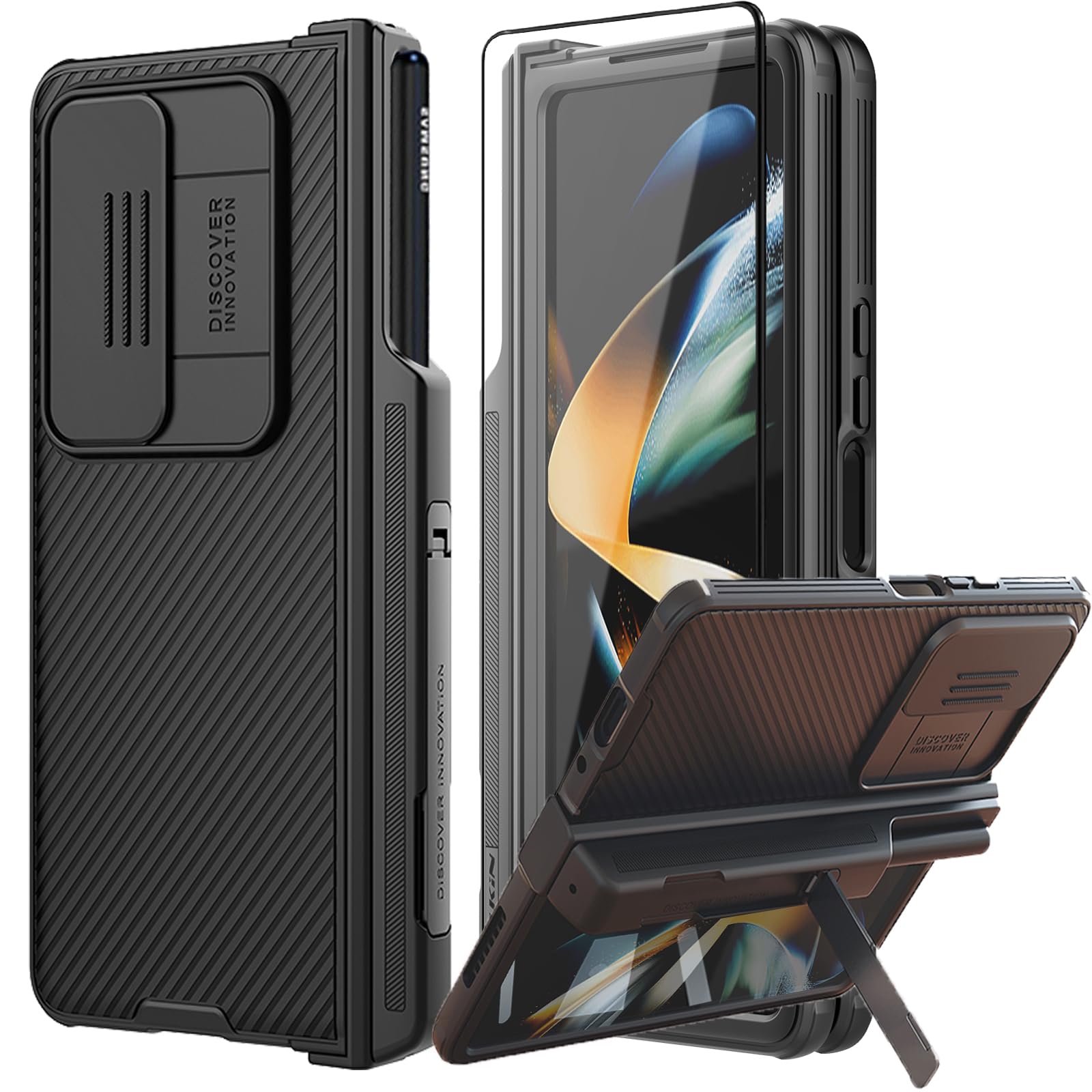 for Samsung Galaxy Z Fold 4 Case with S Pen Holder & Slide Camera Cover & Screen Protectors,Hinge Protection with Hidden Kickstand Phone Case for Samsung Galaxy Z Fold 4(2022) Black