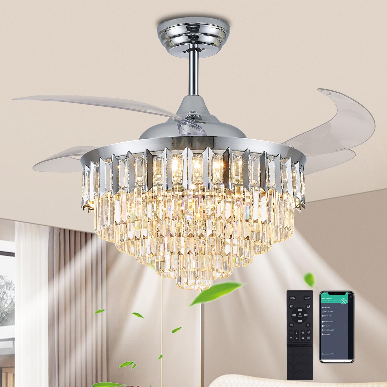 Trssdre 52" Dimmable Fandelier Ceiling Fans with Lights and Remote Modern Retractable Blade Chandelier Fan Ceiling Lighting Fan Kit for Bedroom